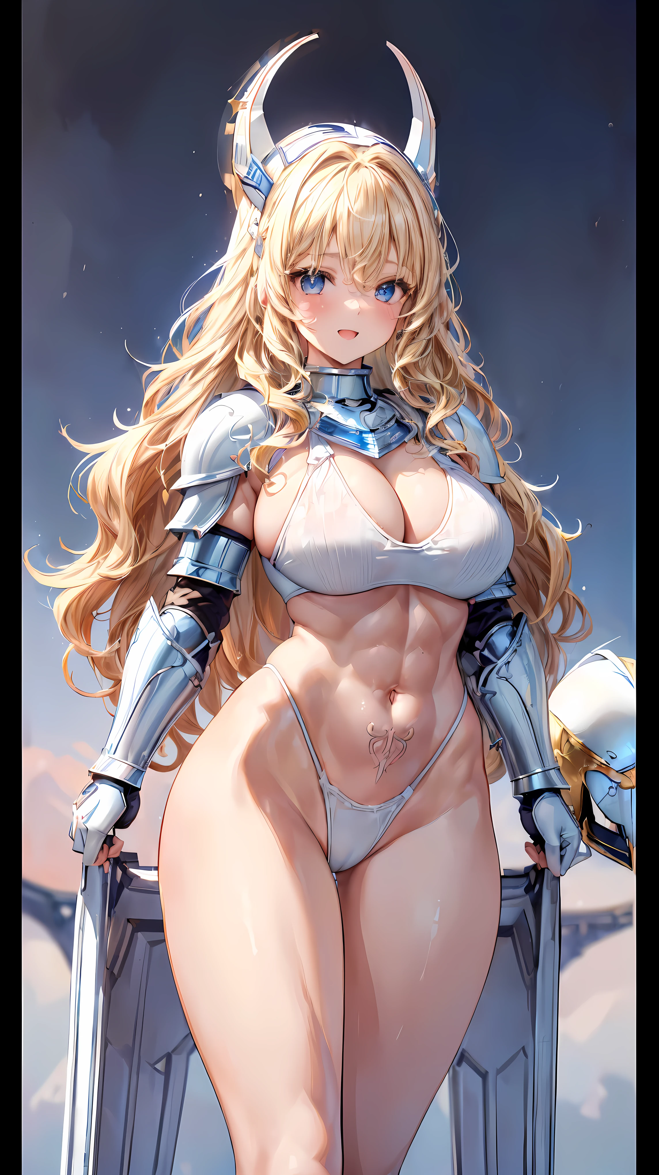 (Adult female:1.5)、Very detailed、highest quality、Best image quality、masterpiece、8k、Anime Face、A kind smile、(Open your mouth:1.3)、Sparkling blue eyes、(Blonde Wavy Hair:1.5)、Muscles of the whole body、(highleg:1.5)、Thigh belt、(Wearing white bikini armor:1.5)、(Cowboy Shot:1.5)、(foot armor:1.5)、(Put on a helmet:1.5)、(SFW Giant:1.3)、Waist armor