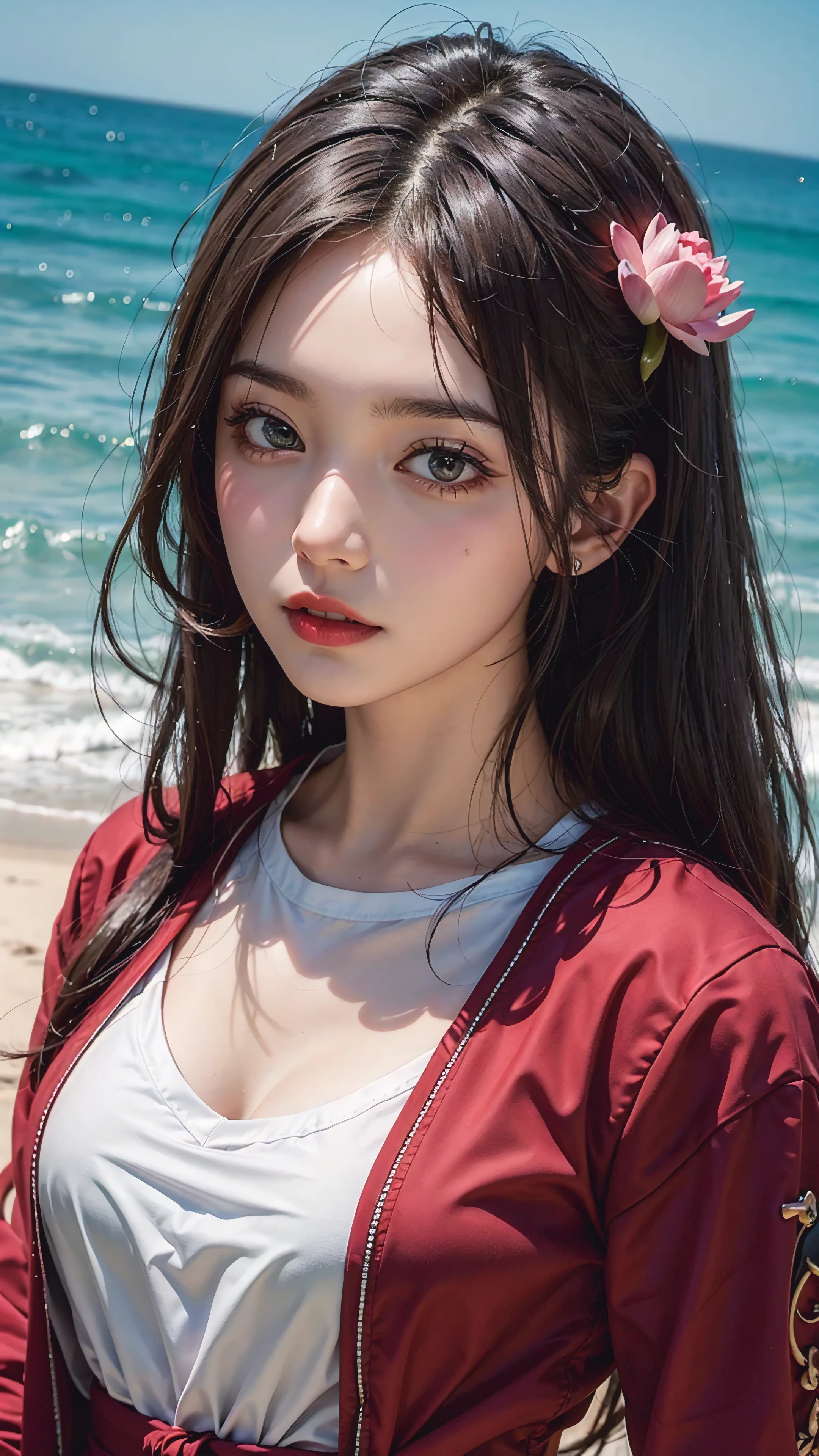 Samia, girl, Solitary, shirt, Looking at you, Face, perfect, Flowers, high quality, shining, knight, devout, red shirt, Red Velvet, water, ocean, lotus
