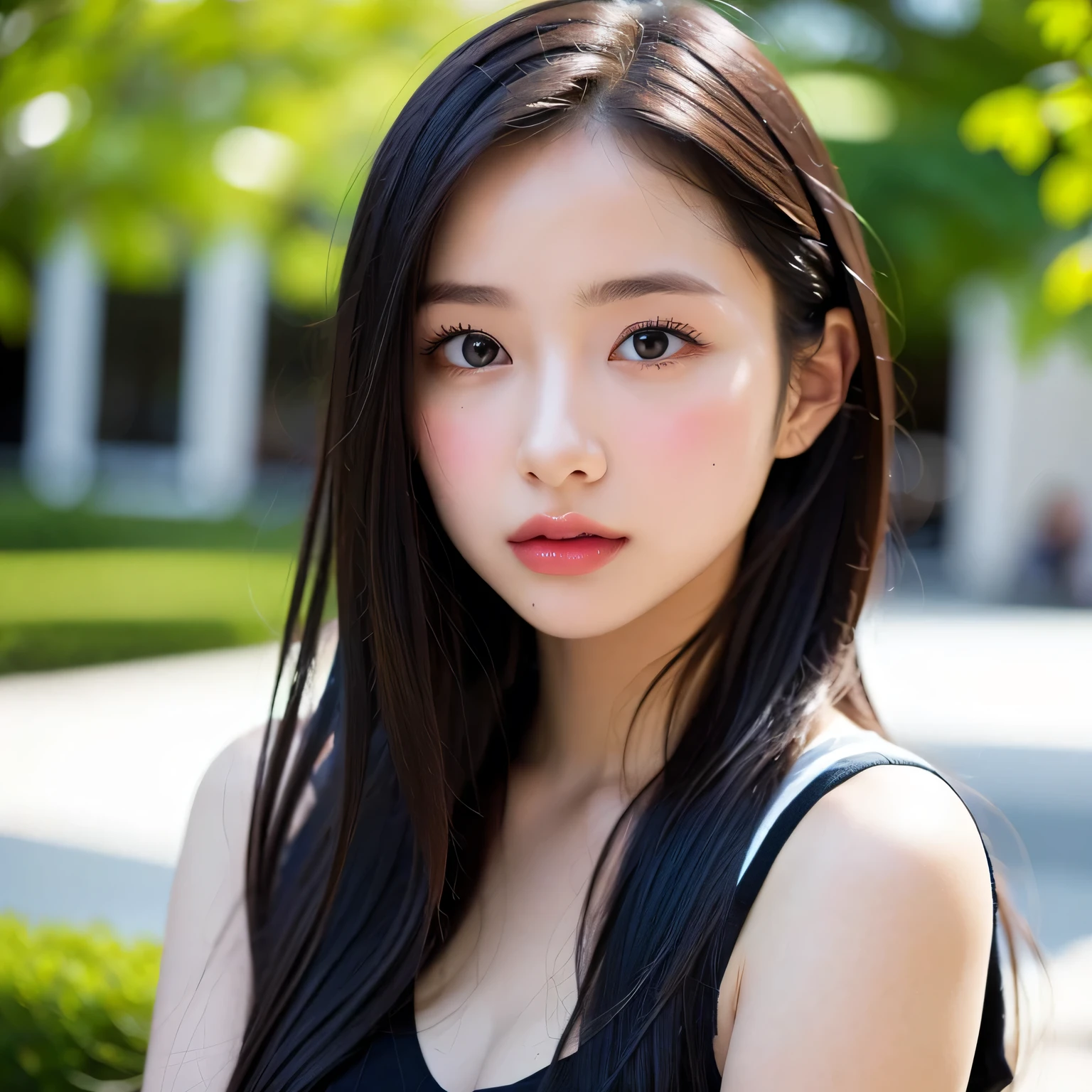 ((highest quality)), (be familiar with), beautiful girl, Japanese girl, , highly detailed eyes, highly detailed nose, highly detailed mouth, beautiful feet, beautiful hand, beautiful arms, perfect anatomy :1.4, one person, no cut, outdoor, glamor, Full-body, park, Campus, Photo-like, chiaroscuro, reflection light, ((masterpiece)), 16k, textured skin, super detail