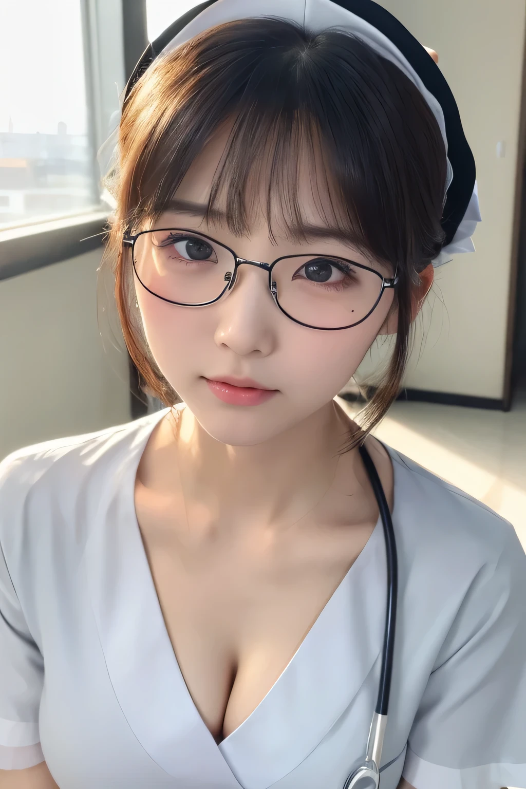 (1 Girl)、(Beautiful Japanese、24years old,round face、Refreshing、clear、seems kind、stylish、Pitiful、cute like an angel、cute、black eyes、,actress,Almond-shaped eyes,Translucent white skin、Beautiful skin), Good style , (Beautiful big breasts:1.2),(soft breasts),(very cute),{(Broun hair),(updo),(Bangs is deep side part),(tendrils)},(enchanting eyes),(highlight on eyes:1.2)、(rimless glasses),(8K、Live shooting、highest quality、masterpiece:1.2、optimal lighting)、((masterpiece)),(Photo taken by a professional photographer),(real、photo real:1.4),break,{ (White nurse costume),(((taraditional nurse uniform))),,{(White nurse tight pants)},(cleavage:1.2)},( Shy face),(tears:1.3),(cheeks are red:1.2), break, break,Old hospital,Face shot:1.3、looking at viewer, face close-up,Looking up、sitting、