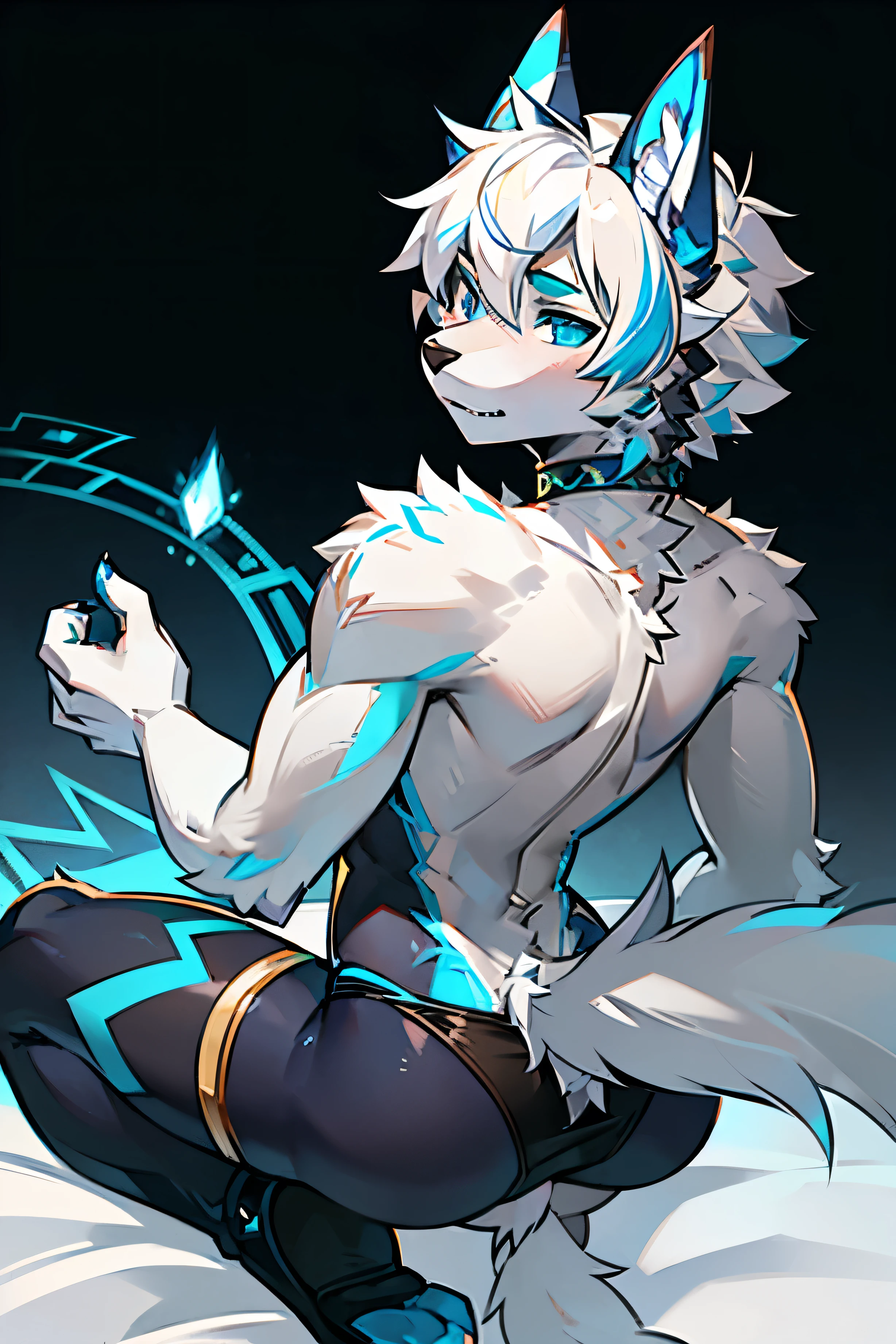 1 Kind, Lobo (Schwarm), white and blue fur, junger Kerl, blaue Augen, Strubelkopf, white hair, kurzes Haar, Meisterwerk, great detail, Legere Kleidung. underwear