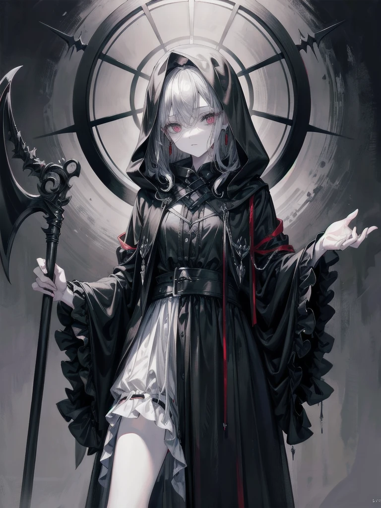 grim reaper, black scythe, robe, absurdres, RAW photo, extremely delicate and beautiful, masterpiece, Best Quality, ultra high resolution, 32k, hyperrealistic, ultra-detailed, detailed description, pale skin, 20 years old, tearful mole, earring, short medium hair, wavy hair, whole body shot,