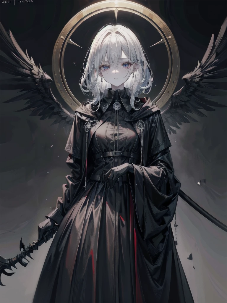 grim reaper, black scythe, robe, absurdres, RAW photo, extremely delicate and beautiful, masterpiece, Best Quality, ultra high resolution, 32k, hyperrealistic, ultra-detailed, detailed description, pale skin, 20 years old, tearful mole, earring, short medium hair, wavy hair, whole body shot,