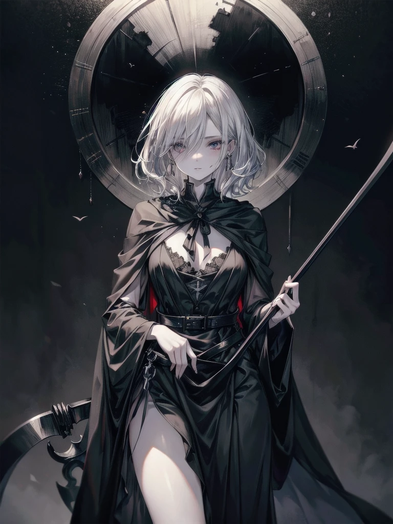 grim reaper, black scythe, robe, absurdres, RAW photo, extremely delicate and beautiful, masterpiece, Best Quality, ultra high resolution, 32k, hyperrealistic, ultra-detailed, detailed description, pale skin, 20 years old, tearful mole, earring, short medium hair, wavy hair, whole body shot,