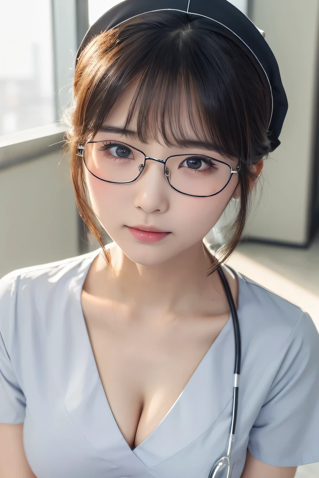 (1 Girl)、(Beautiful Japanese、24years old,round face、Refreshing、clear、seems kind、stylish、Pitiful、cute like an angel、cute、black eyes、,actress,Almond-shaped eyes,Translucent white skin、Beautiful skin), Good style , (Beautiful big breasts:1.2),(soft breasts),(very cute),{(Broun hair),(updo),(Bangs is deep side part),(tendrils)},(enchanting eyes),(highlight on eyes:1.2)、(rimless glasses),(8K、Live shooting、highest quality、masterpiece:1.2、optimal lighting)、((masterpiece)),(Photo taken by a professional photographer),(real、photo real:1.4),break,{ (White nurse costume),(((taraditional nurse uniform))),,{(White nurse tight pants)},(cleavage:1.2)},( Shy:1.4),(tears:1.3),(cheeks are red:1.2), break, break,Old hospital,Face shot:1.3、looking at viewer, face close-up,Looking up、sitting、
