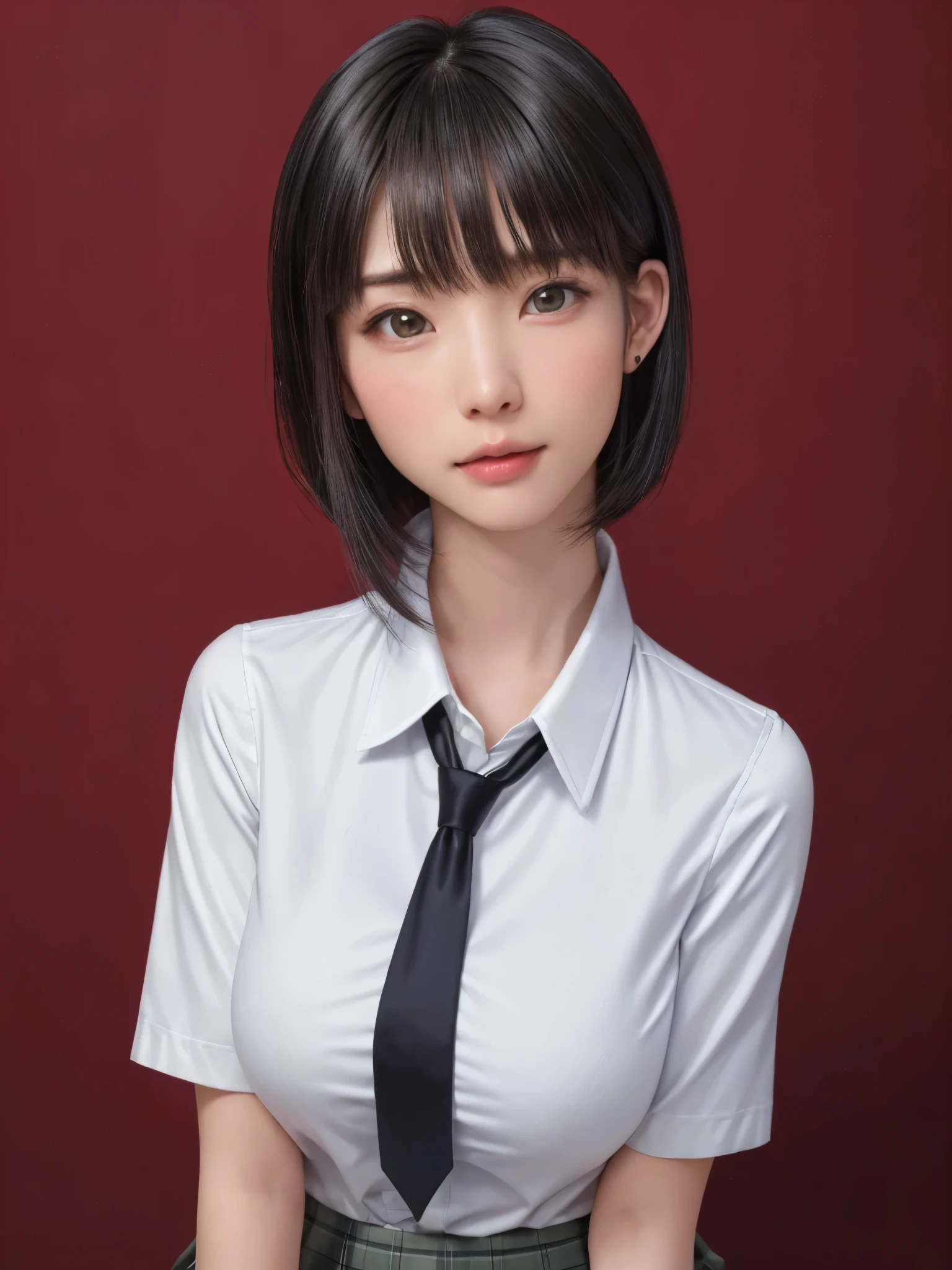 (masterpiece:1.3), (Realistic, RAW Photos, highest quality: 1.4), (One Girl), Beautiful Face, (超Realistic Face、シンメトリーのBeautiful Face), (Short black hair, short hair:1.6、bangs:1.3、Show off your beautiful ears), Beautiful hairstyle, (Realistic eyes), Beautiful details, Long eyelashes, (Realistic Skin), Beautiful Skin, [Big Breasts:1.3], {gigantic|big|huge|mega} breasts, (Perfect body:1.3), (Detailed body:1.2), (tie), (Collared shirt, Pleated skirt:1.3), Absurd, charm, Ultra-high resolution, Ultra-realistic, Very detailed, Golden Ratio,Very cute beautiful woman、28 years old