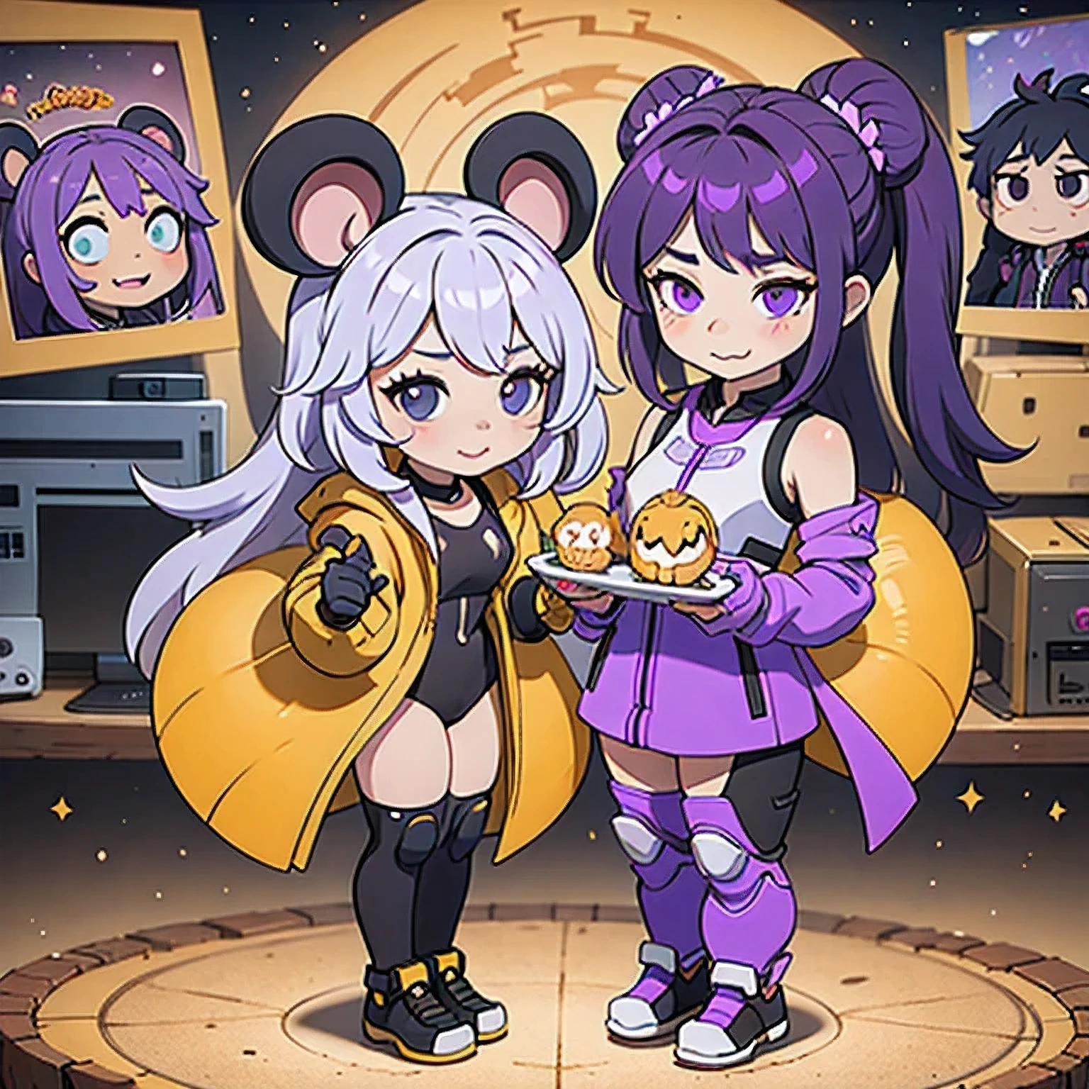 ((Titanium helmet))a cartoon image of a girl with a purple hair and a black top, kda, character art of maple story, ((Deer antler hair accessories))advanced digital chibi art, arcane art style,6 d sprite, genshin impact character, official character art, chibi monster girl, chibi, , noire, ayaka genshin impact, maplestory mouse, hero6 d fanart artsation,a cartoon image of a girl with a purple hair and a purple outfit, (Space suit), chibi, kda, twitch emote, chibi monster girl, (((grinning evily)))8 d sprite, of a ramlethal valentine,Purple and white combination, melty, cute cyber gods, advanced digital chibi art((Two girls ))Long purple-white hair,Double tail,big eyes,Sports Posture,Combat Status,Full mana,White gradient purple hair,Purple gradient white hair,Double tail,Double tail braid,