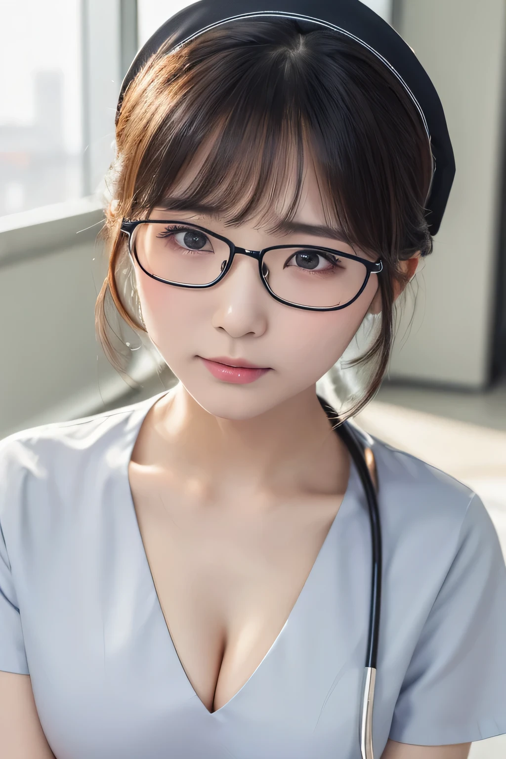 (1 Girl)、(Beautiful Japanese、24years old,round face、Refreshing、clear、seems kind、stylish、Pitiful、cute like an angel、cute、black eyes、,actress,Almond-shaped eyes,Translucent white skin、Beautiful skin), Good style , (Beautiful big breasts:1.2),(soft breasts),(very cute),{(Broun hair),(updo),(Bangs is deep side part),(tendrils)},(enchanting eyes),(highlight on eyes:1.2)、(rimless glasses),(8K、Live shooting、highest quality、masterpiece:1.2、optimal lighting)、((masterpiece)),(Photo taken by a professional photographer),(real、photo real:1.4),break,{ (White nurse costume),(((taraditional nurse uniform))),,{(White nurse tight pants)},(cleavage:1.2)},( Shy:1.6),(tears:1.3),(cheeks are red:1.2), break, break,Old hospital,Face shot:1.3、looking at viewer, face close-up,Looking up、sitting、Feeling embarrassed