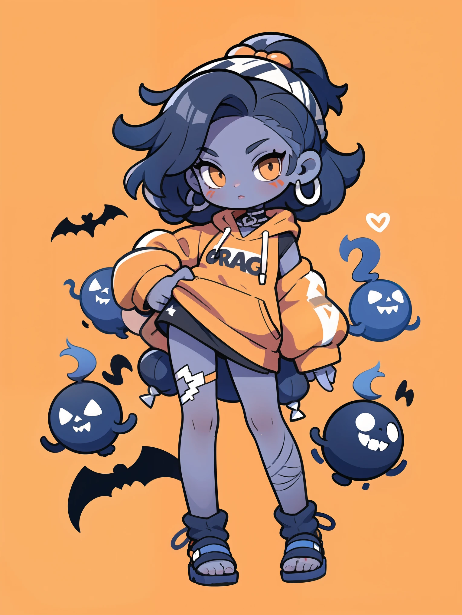 (A African black woman) holding big orange. Her decked out in an big orange themed ensemble,complete with a hoodie adorned. Her laid-back demeanor contrasts with the vibrant,spooky accessories. ((on an orange background)). array of tattoos,
