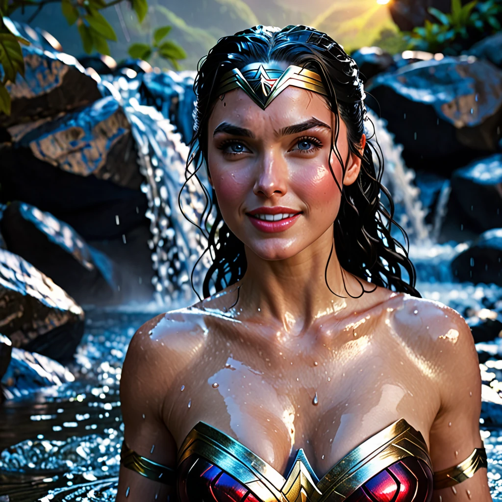 Night scene, close-up photo of Wonder Woman, small breasts, bathing near the waterfall, body soaked in water, lean cheeks, wet hair, chin up, seductive face, no bra, stones, pure water, cleavage show, water on the body, realistic pores on the body, look up at the sky and smile, black ponytail hair, (blue eyes: 0.8), beautiful adult face, 20 yo, soft volumetric lights, (backlit: 1.3), (cinematic: 1.3), intricate details, (ArtStation: 1.
