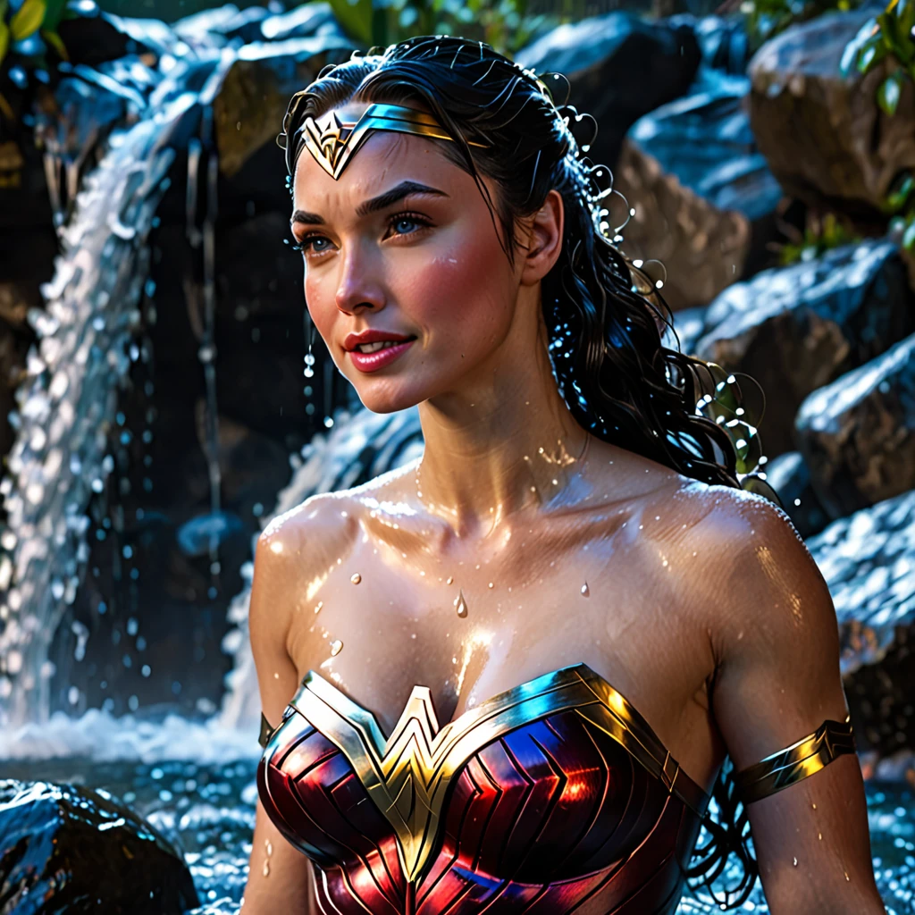 Night scene, close-up photo of Wonder Woman, small breasts, bathing near the waterfall, body soaked in water, lean cheeks, wet hair, chin up, seductive face, no bra, stones, pure water, cleavage show, water on the body, realistic pores on the body, look up at the sky and smile, black ponytail hair, (blue eyes: 0.8), beautiful adult face, 20 yo, soft volumetric lights, (backlit: 1.3), (cinematic: 1.3), intricate details, (ArtStation: 1.