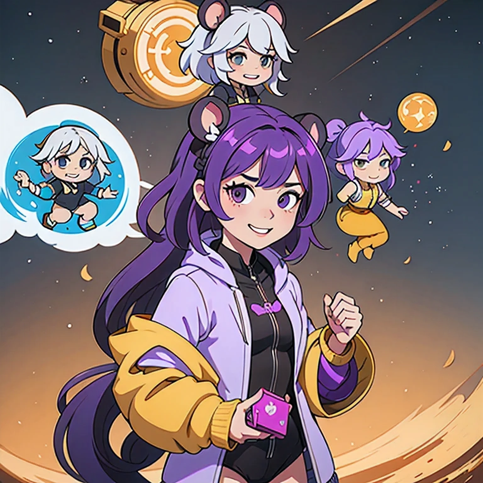 ((Titanium helmet))a cartoon image of a girl with a purple hair and a black top, kda, character art of maple story, ((Deer antler hair accessories))advanced digital chibi art, arcane art style,6 d sprite, genshin impact character, official character art, chibi monster girl, chibi, , noire, ayaka genshin impact, maplestory mouse, hero6 d fanart artsation,a cartoon image of a girl with a purple hair and a purple outfit, (Space suit), chibi, kda, twitch emote, chibi monster girl, (((grinning evily)))8 d sprite, of a ramlethal valentine,Purple and white combination, melty, cute cyber gods, advanced digital chibi art((Two girls ))Long purple-white hair,Double tail,big eyes,Sports Posture,Combat Status,Full mana,White gradient purple hair,Purple gradient white hair,Double tail,Double tail braid,