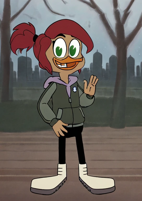 by foxes in love, by superiorfox, by ayaka (masterpiece, high quality, full-length portrait) (detailed background, outside, park, city, night, stars:1.3) BREAK gosalyn waddlemeyer, solo:1.2, (light brown skin:1.35), green eyes, ducktales, eyeliner, zipper, number on clothing (flat chested:1.2) ( waving at viewer, hand on hip:1.2) (happy, wide eyed, fist, clenched teeth:1.1) (green clothing, hoodie, black pants, white boots:1.3) (red hair, ponytail:1.2) (young, short:1.4) duck, beak