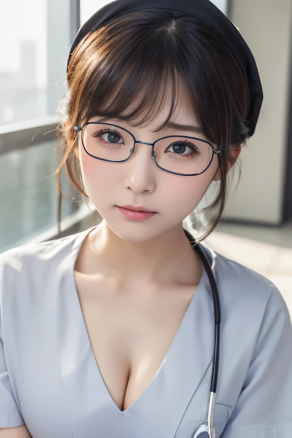(1 Girl)、(Beautiful Japanese、24years old,round face、Refreshing、clear、seems kind、stylish、Pitiful、cute like an angel、cute、black eyes、,actress,Almond-shaped eyes,Translucent white skin、Beautiful skin), Good style , (Beautiful big breasts:1.2),(soft breasts),(very cute),{(Broun hair),(updo),(Bangs is deep side part),(tendrils)},(enchanting eyes),(highlight on eyes:1.2)、(rimless glasses),(8K、Live shooting、highest quality、masterpiece:1.2、optimal lighting)、((masterpiece)),(Photo taken by a professional photographer),(real、photo real:1.4),break,{ (White nurse costume),(((taraditional nurse uniform))),,{(White nurse tight pants)},(cleavage:1.2)},( Shy:1.6),(tears:1.3),(cheeks are red:1.2), break, break,Old hospital,Face shot:1.3、looking at viewer, face close-up,Looking up、sitting、Feeling embarrassed、Tears flowing