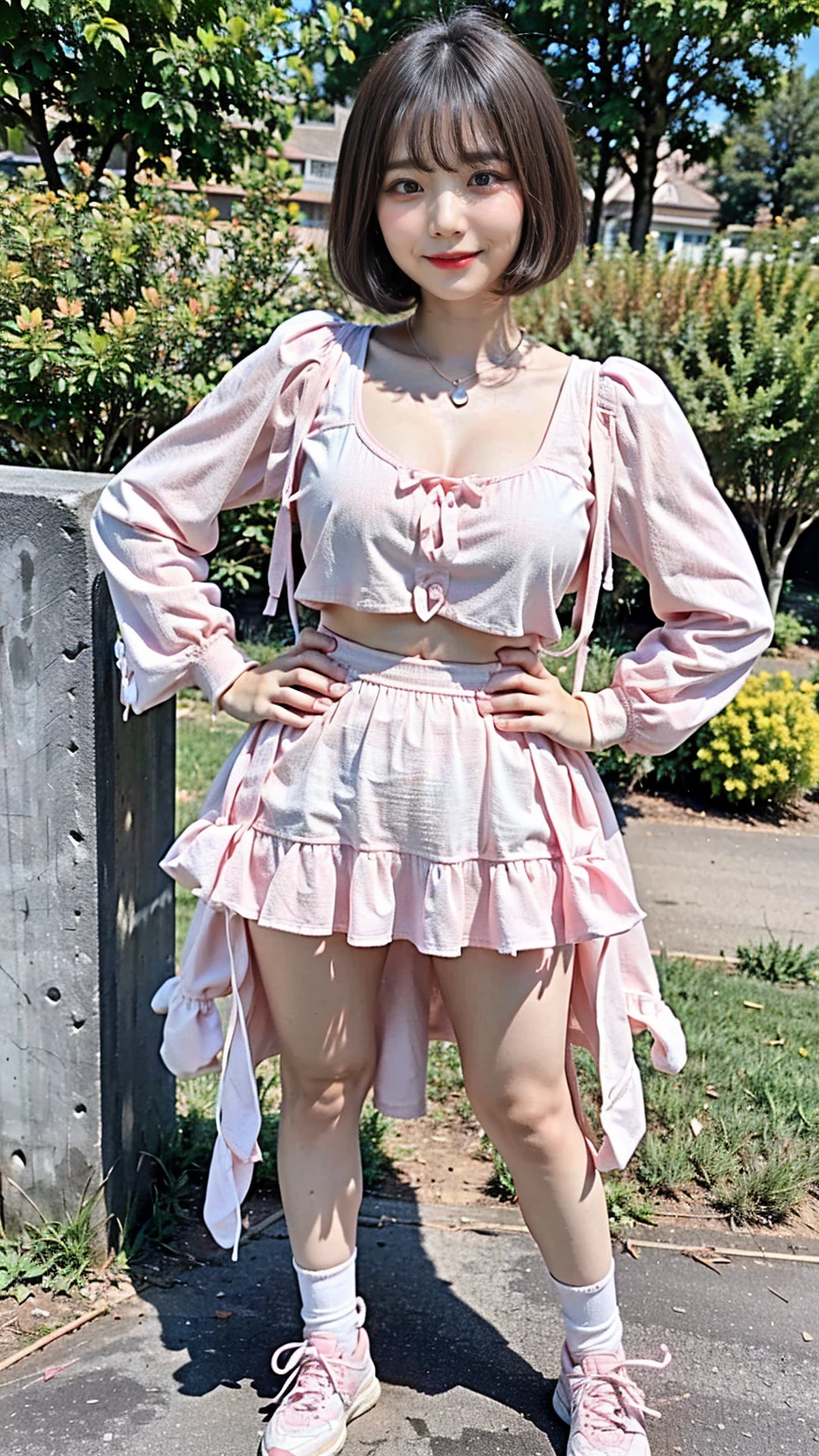 (8k、RAW Photos、highest quality、masterpiece:1.2)、(Realistic、Realistic)、1 girl、((Pink Fluffy、mini skirt、Big Breasts、View from the front、garden、smile、whole body、sneakers、Short Hair、Standing with hands on hips))、Lots of eyelashes、Glowing eyelids、skeletally correct