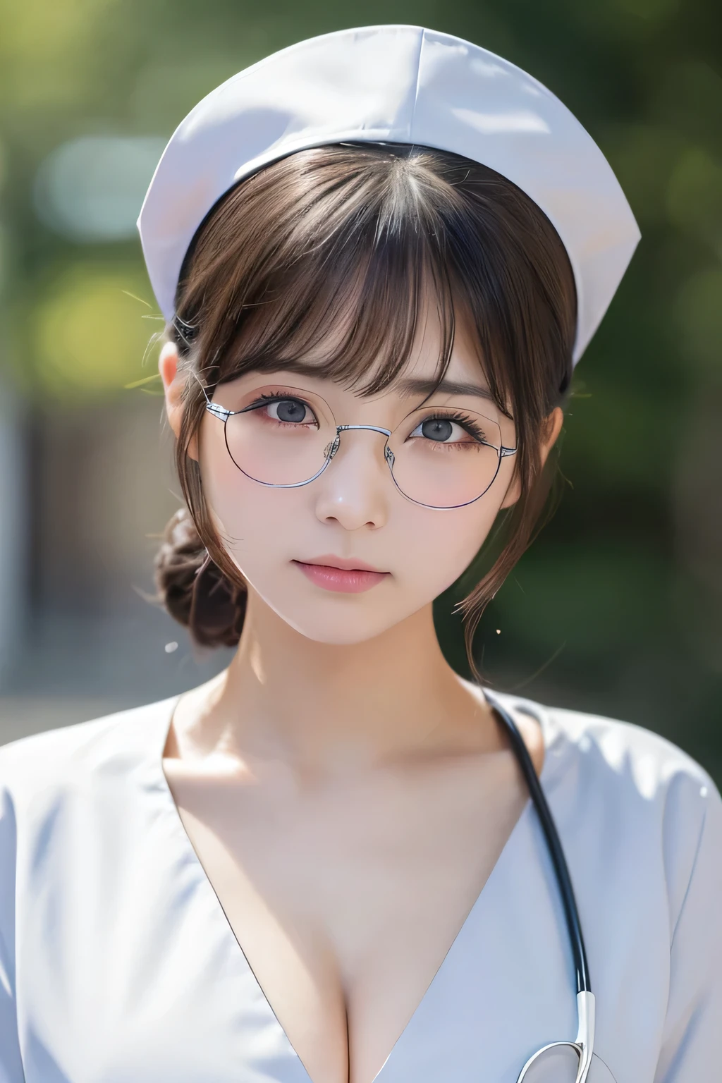 (1 Girl)、(Beautiful Japanese、24years old,round face、Refreshing、clear、seems kind、stylish、Pitiful、cute like an angel、cute、black eyes、,actress,Almond-shaped eyes,Translucent white skin、Beautiful skin), Good style , (Beautiful big breasts:1.2),(soft breasts),(very cute),{(Broun hair),(updo),(Bangs is deep side part),(tendrils)},(enchanting eyes),(highlight on eyes:1.2)、(rimless glasses),(8K、Live shooting、highest quality、masterpiece:1.2、optimal lighting)、((masterpiece)),(Photo taken by a professional photographer),(real、photo real:1.4),break,{ (White nurse costume),(((taraditional nurse uniform))),,{(White nurse tight pants)},(cleavage:1.2)},( Serious face),(tears:1.3),(cheeks are red:1.2), break, break,Old hospital,Face shot:1.3、looking at viewer, face close-up,Looking up、sitting、Feeling embarrassed、Tears flowing