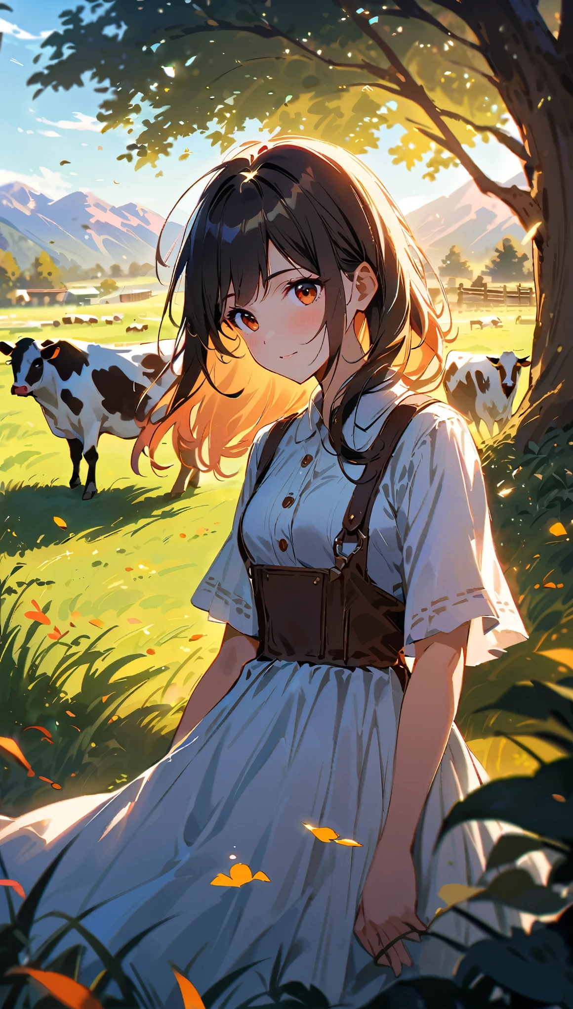 A girl taking care of cows in a picturesque ranch, with a vibrant and energetic atmosphere. The girl is surrounded by a stunning depth of field, where the foreground and background are beautifully blurred, adding a sense of motion and liveliness to the scene. The sunlight shines through the trees, creating a sparkling effect on the surrounding grass and flowers. The lighting is cinematic, casting dramatic shadows and highlights, enhancing the overall atmosphere of the image. To capture the details of the scene, the camera settings are set to f/2.8 aperture and 35mm focal length, resulting in a perfect balance between subject and background. The image is captured in UHD resolution, ensuring the highest quality and clarity. The details are incredibly sharp and crisp, showcasing every blade of grass and every expression on the girl's face. The colors are vivid and vibrant, with a warm and inviting color tone. The lighting emphasizes the natural beauty of the ranch, casting soft and warm shadows, giving a sense of serenity and tranquility. The image has a sense of realism and photorealism, with a touch of artistic style to enhance the overall aesthetic. In summary, this prompt creates a visually captivating image of a girl energetically taking care of cows in a beautiful ranch setting. The scene is brought to life with a depth of field, sparkling details, cinematic lighting, and an emphasis on high-quality and high-resolution visuals.