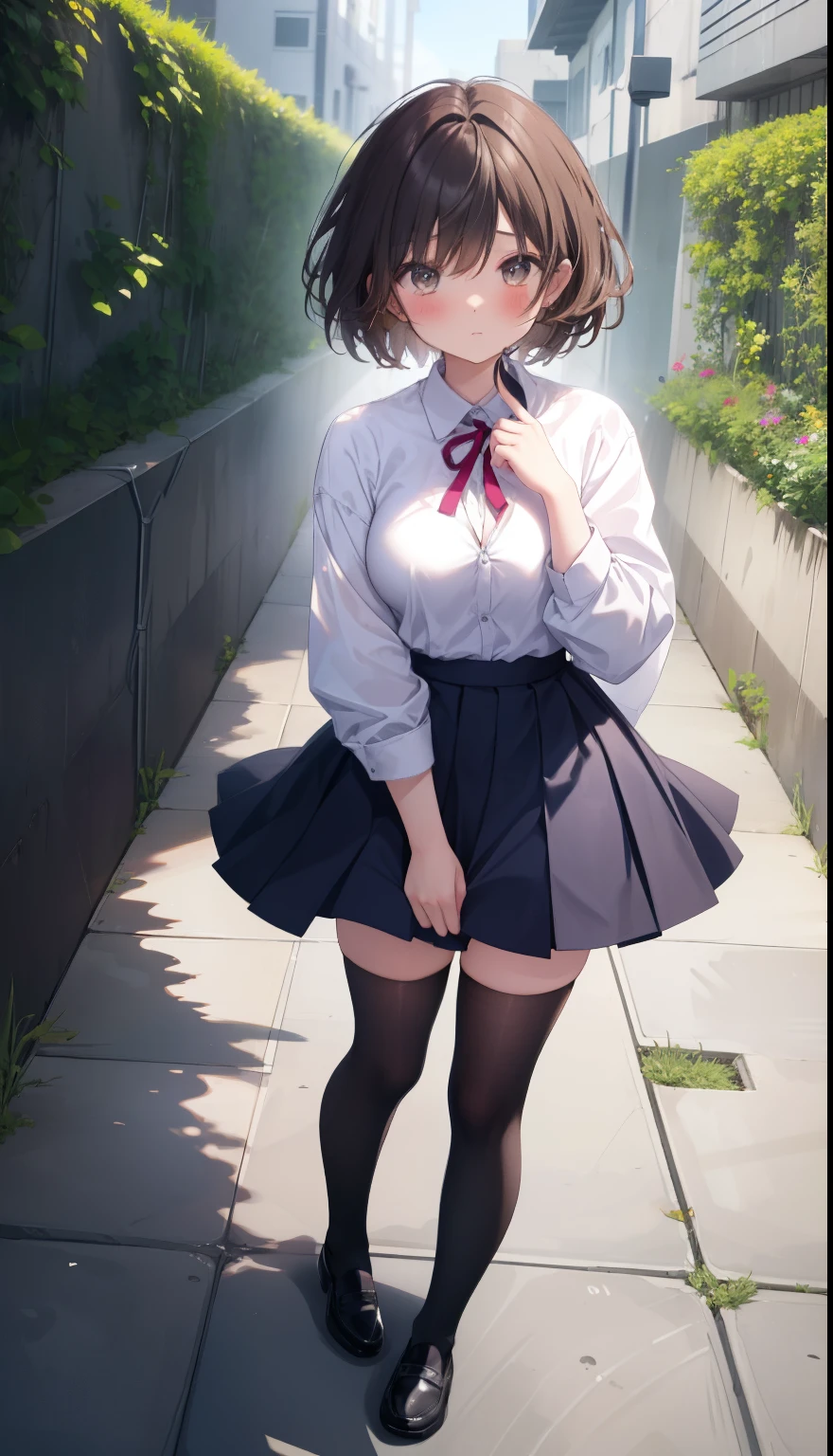 One Girl、positive、From above、Full body portrait、Brown haired、Medium Haircut、blush、Absolute area、Knee socks、stockings、Black knee-high socks、White underwear、Cleavage、Light blue cut shirt、Unbutton your shirt、Shirt buttons fly off、Navy blue checkered pleated skirt、Very short skirt、garden、Daytime、(Very large breasts)、((Lesbians all over))、masterpiece、(highest quality)、Panties around the ankles、loafers、The wind blows up my skirt、Knee socksのバイブレーター