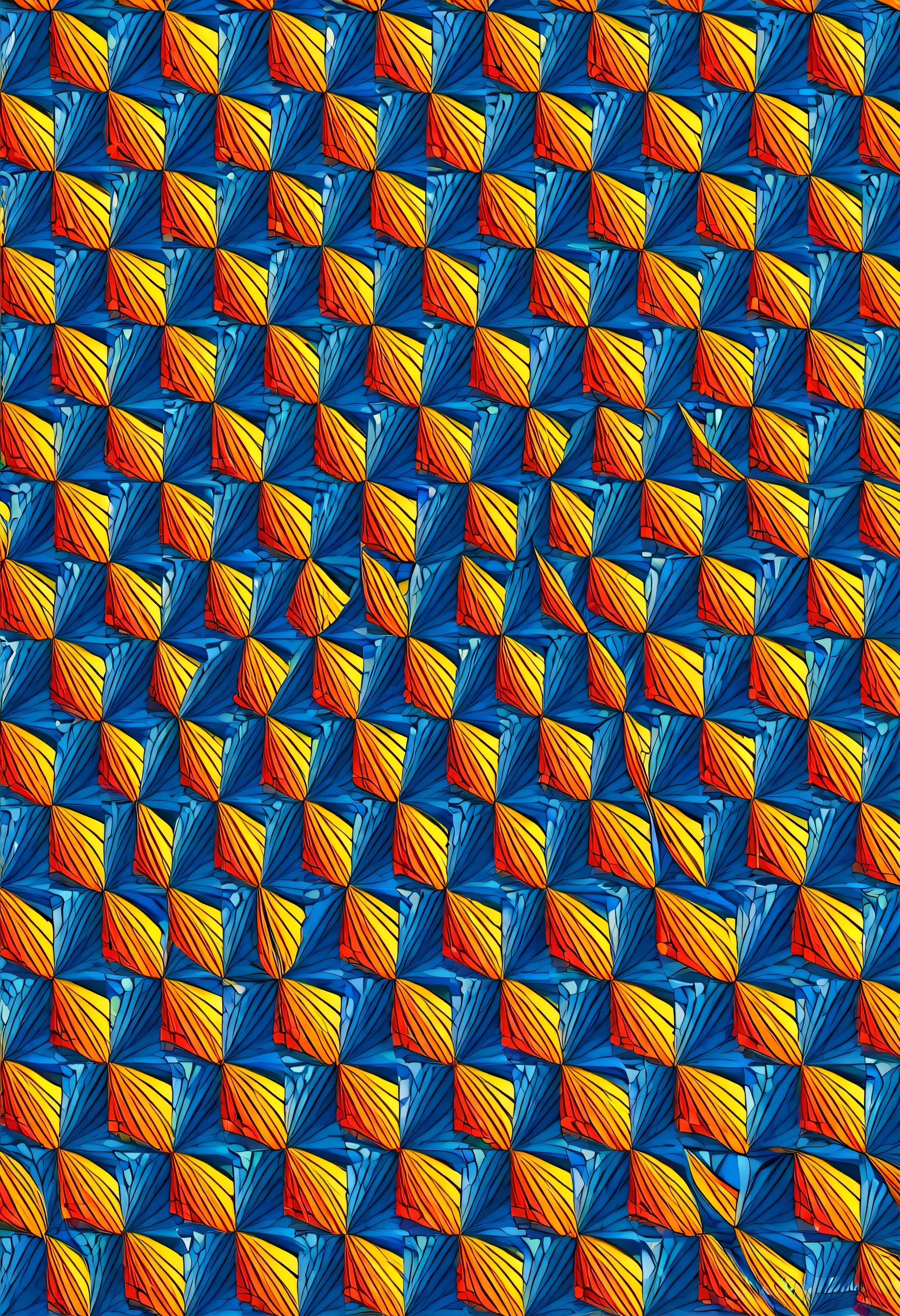 Tessellation art, blue, red and yellow colors, triangular shapes