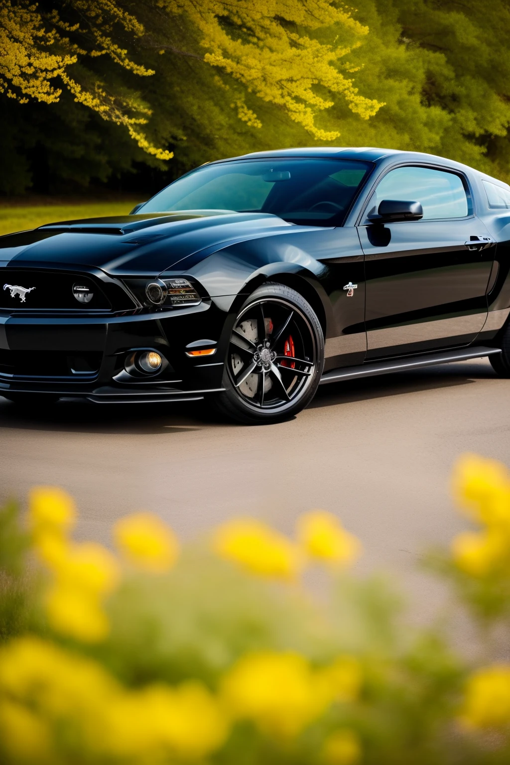 A high-spec, ultra-realistic image of a 2013 S197 Mustang GT, clad in all-black with tinted windows, gracefully posed against a spring background. The photograph showcases the iconic muscle car in a sleek, minimalist style reminiscent of modern automotive advertising. The black paint glistens under the sunlight, while the spring scenery subtly enhances the image's mood. The overall composition is sharp and meticulous, demonstrating exceptional quality that truly showcases the beauty and elegance of the black-on-black Mustang GT. This image is best appreciated in high resolution, capturing even the smallest details such as the