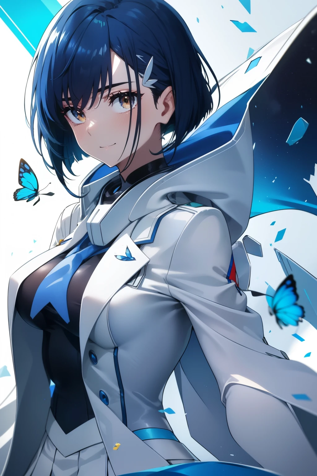 Best quality, beautiful face, detailed, perfect body, 
Girl, Green eyes, cute smile, short dark blue hair, cute Smile, white hair clip, small cute body, normal-sized cute breasts, white light jacket, blue butterfly tie, blue winter jacket, gray school skirt, city background , Ichigo from Darling in the Franxx 