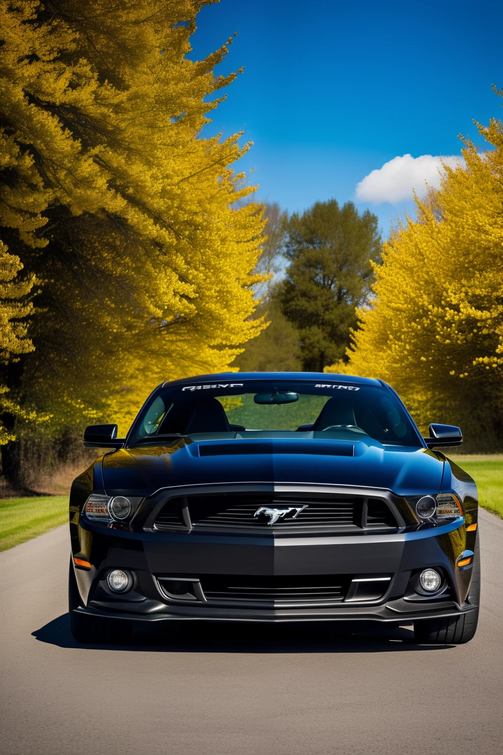 A high-spec, ultra-realistic image of a 2013 S197 Mustang GT, clad in all-black with tinted windows, gracefully posed against a spring background. The photograph showcases the iconic muscle car in a sleek, minimalist style reminiscent of modern automotive advertising. The black paint glistens under the sunlight, while the spring scenery subtly enhances the image's mood. The overall composition is sharp and meticulous, demonstrating exceptional quality that truly showcases the beauty and elegance of the black-on-black Mustang GT. This image is best appreciated in high resolution, capturing even the smallest details such as the