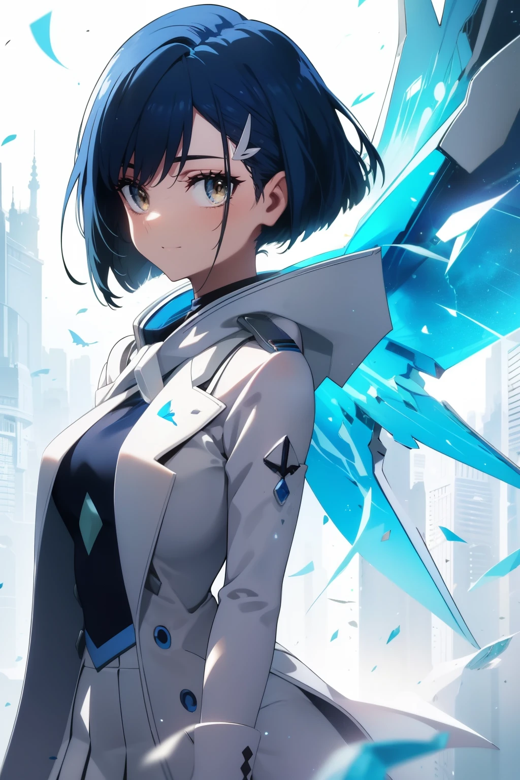 Best quality, beautiful face, detailed, perfect body, 
Girl, Green eyes, cute smile, short dark blue hair, cute Smile, white hair clip, small cute body, normal-sized cute breasts, white light jacket, blue butterfly tie, blue winter jacket, gray school skirt, city background , Ichigo from Darling in the Franxx 