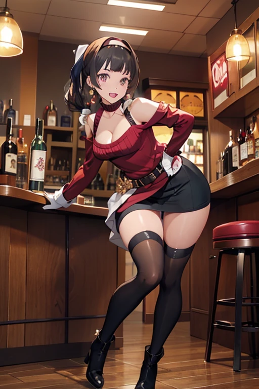 (from below1.1),(from front:0.9), ((Face)), (Close-Up:0.4), masterpiece,"A 22-year-old girl stands at a bar counter, black hair, hair ornament, red eyes, thighhighs, gloves, dress, holding, bare shoulders, jewelry, standing, weapon, flower, sidelocks, hairband, earrings, boots, black gloves, black thighhighs, hair flower,  She is dressed in a stylish off-shoulder dress, sweater dress, off-shoulder sweater, red sweater,garter stocking, cleavage:1.1, black shorts, black thighhighs, thigh strap, pretty girl, (highly detailed beautiful face and eyes,firm breasts),real skin,((black,hair,long pony tail hair)),thin pubic hair,cute and lovely pose, detailed eyes, This masterpiece is only visually stunning but also tells,(double breasted:0.6,under bust:0.6),(with sparkling eyes and a contagious smile),open mouth, The bar is beautiful, with colorful bottles of alcohol in the background and a soft glow from neon lights. The atmosphere is relaxed, and the girl looks confident and fashionable.",full body, sexy pose,make a cocktail , in a bar counter, Looking at Viewer,
