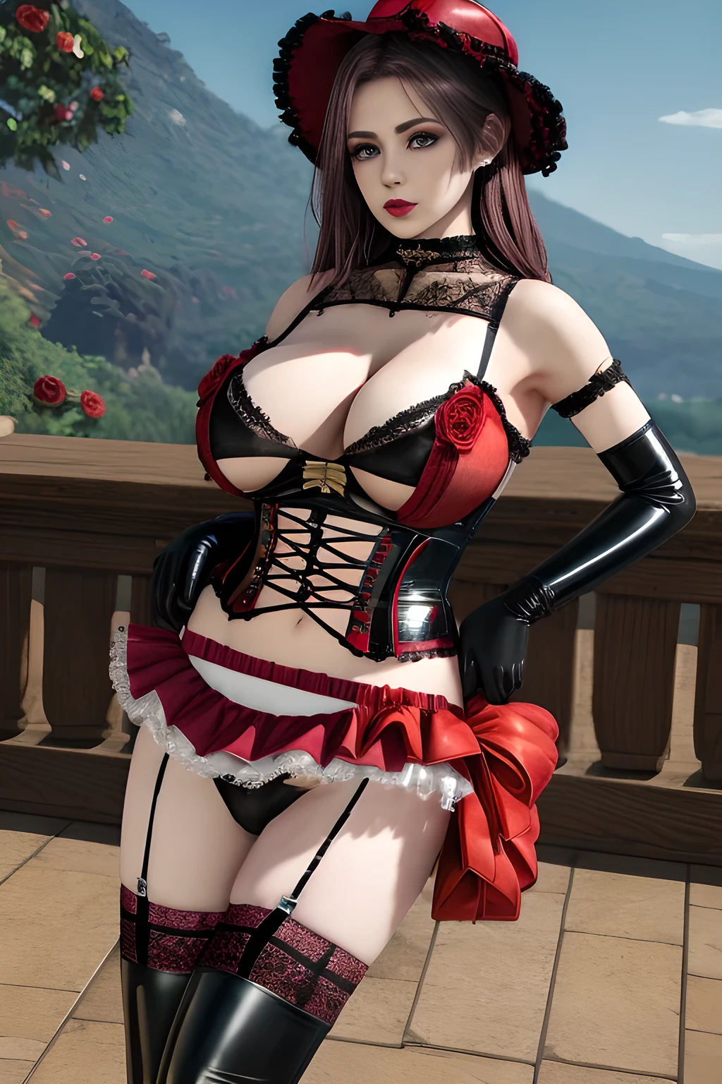 1 girl,BREAK (Royal:1.4), (red and black theme:1.5), ((red) bucket hat with rose corsage:1.4), (fusion of black high neck crop top and latex (red bustier):1.4), ((floral lace, see-through):1.3), ((sleeveless, bare shoulders):1.3), (red tiered skirt with black ruffles:1.4), ((ultra long gloves) with floral lace:1.3), (wrap a (cat garter) around thighs:1.4), outdoor,elegant,nighttime,moonlighe,shiny skin,( huge breasts), lip gloss,tattoos, masterpiece, best quality, realistic ,Surrealism,natural colors art in 8k,soft shadows,High-definition RAW color photos professional portrait photos,solo, elise,