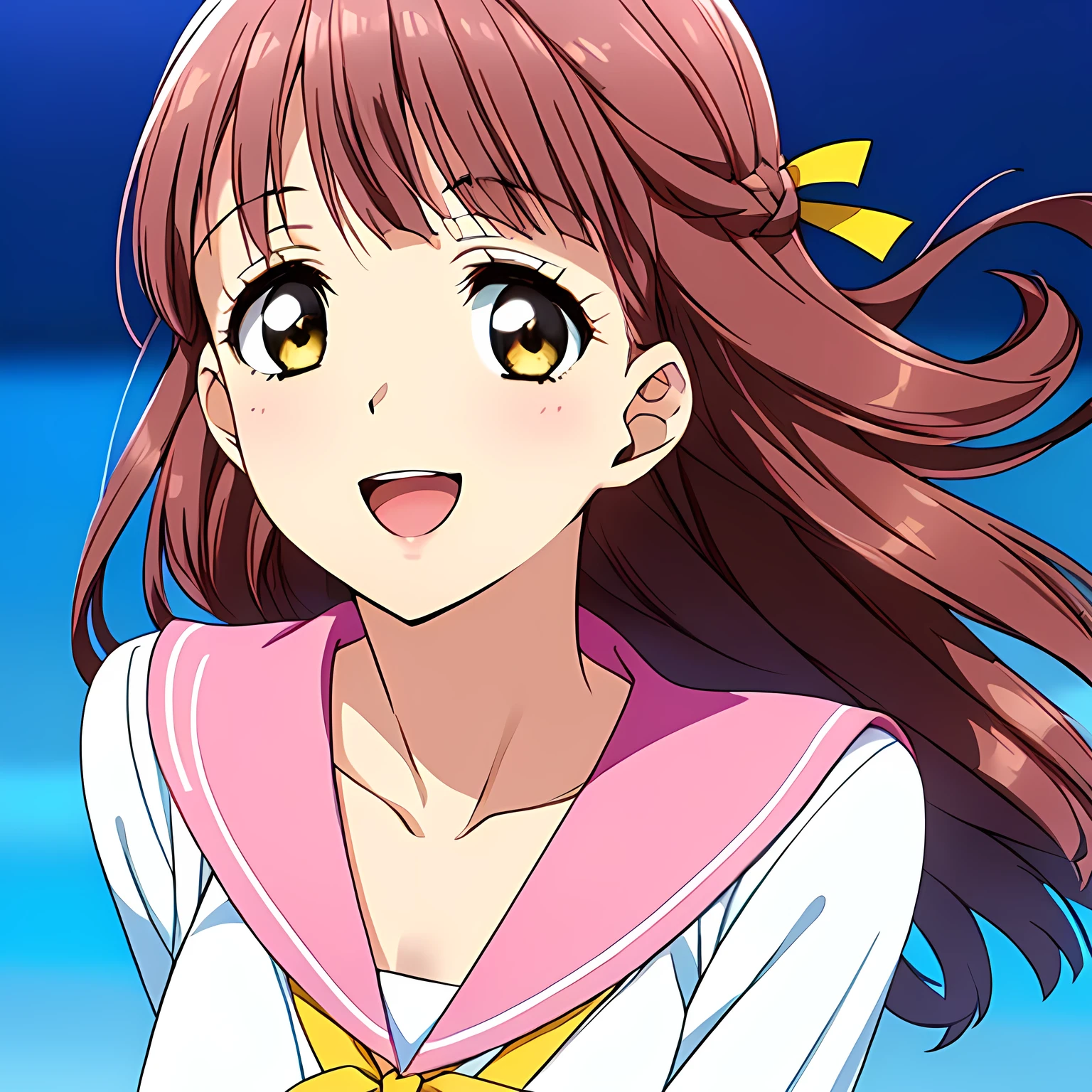 highest quality, (masterpiece:1.2), Very detailed, Game CG, ((((Very beautiful school uniform1Close-up shot of a girl)))), ((The girl everyone loves)), (((Very beautiful pink hair))), ((((Yellow sailor suit)))), ((Sailor uniforms have blue lines)), ((Dark navy blue checked long skirt)), ((((Very beautiful and shining eyes)))), ((Very long eyelashes)), A big red ribbon on the chest, ((An elegant expression like a noble princess)), (((Beautiful and great smile))), Small face and great posture, ((Give the viewer a heavenly feeling of happiness)), (((Blur the background))), ((A very compassionate face)), ((Anime heroine smiling and open mouth)), ((Slender and shapely breasts))