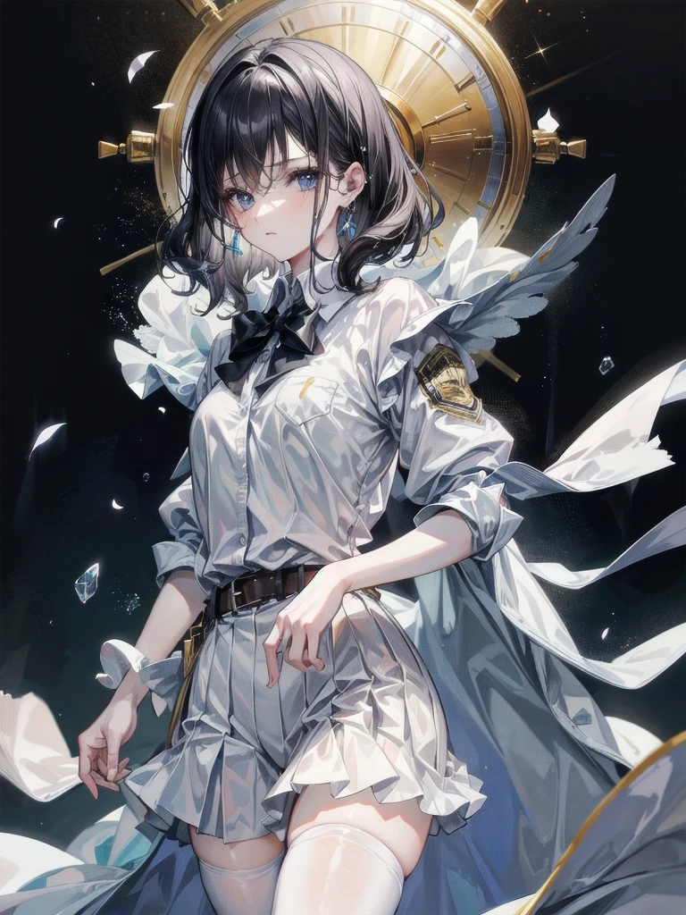 school_uniform, absurdres, RAW photo, extremely delicate and beautiful, masterpiece, Best Quality, ultra high resolution, 32k, hyperrealistic, ultra-detailed, detailed description, pale skin, 20 years old, tearful mole, earring, short medium hair, wavy hair, whole body shot,
