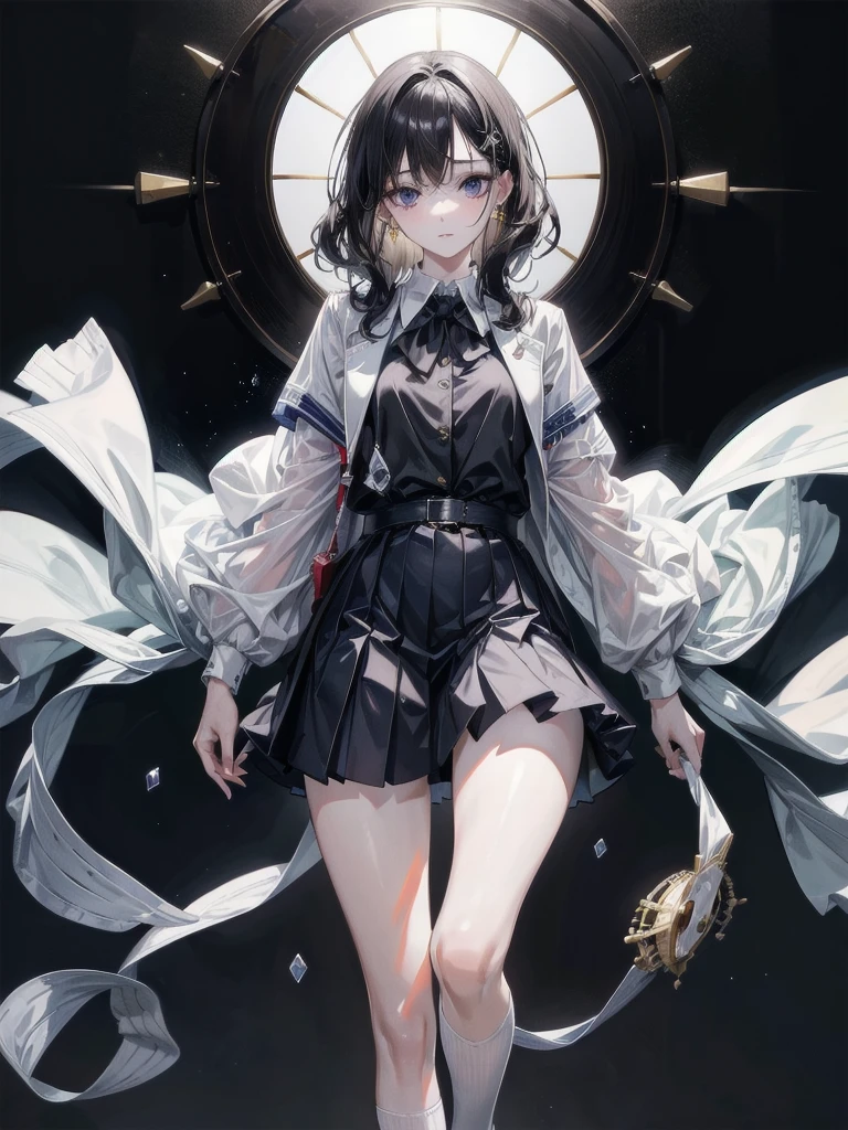 school_uniform, absurdres, RAW photo, extremely delicate and beautiful, masterpiece, Best Quality, ultra high resolution, 32k, hyperrealistic, ultra-detailed, detailed description, pale skin, 20 years old, tearful mole, earring, short medium hair, wavy hair, whole body shot,