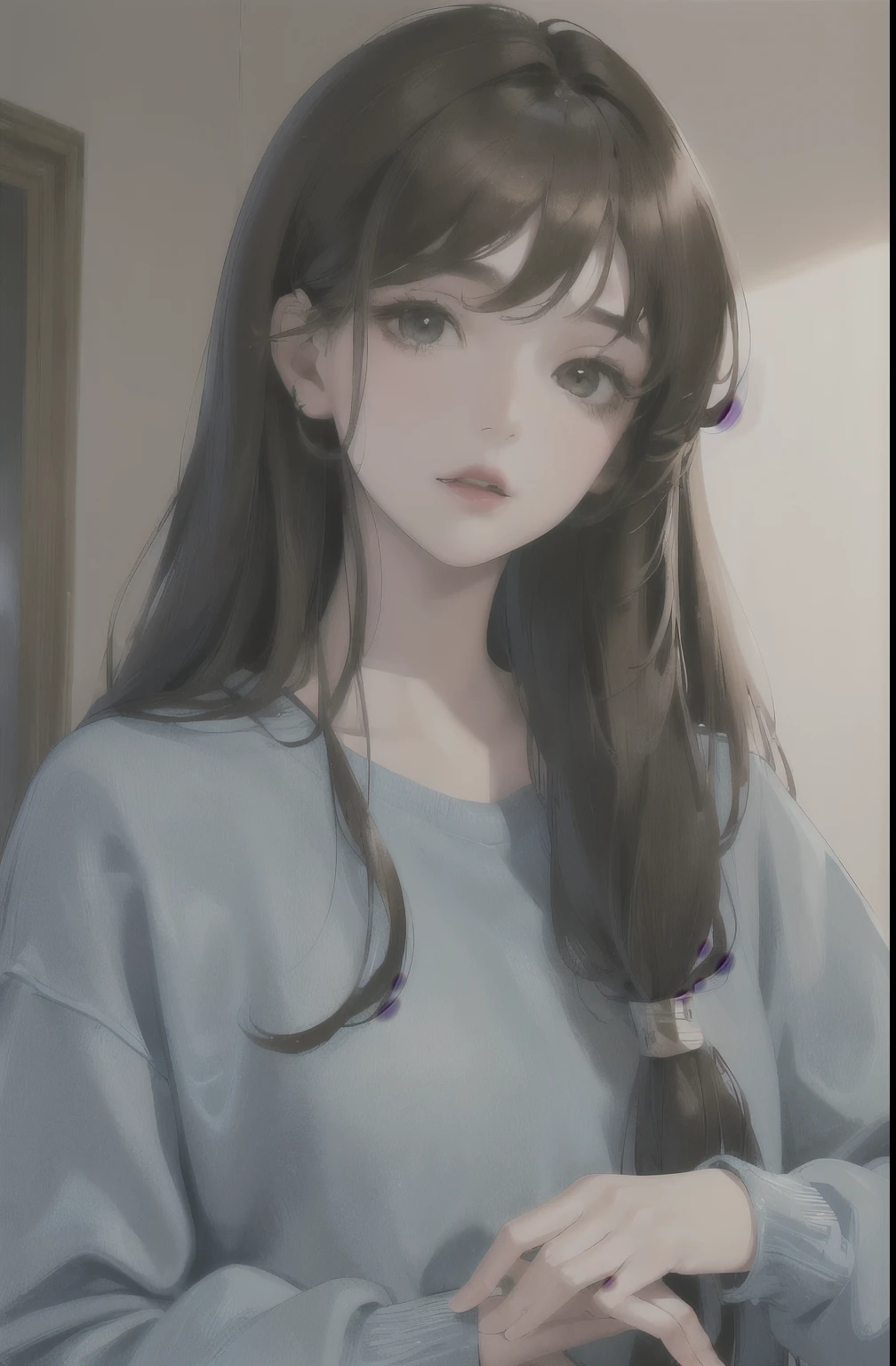 (highest resolution, distinct_image) The best quality, a Lovely age girl, masterpiece, highly detailed, (semi-realistic), ((long hair)), brown hair, blue hair bangs, black eyes, mature, red lips, The background of the girl's room, close-up portrait, solid circle eyes, Wearing a blue sweatshirt