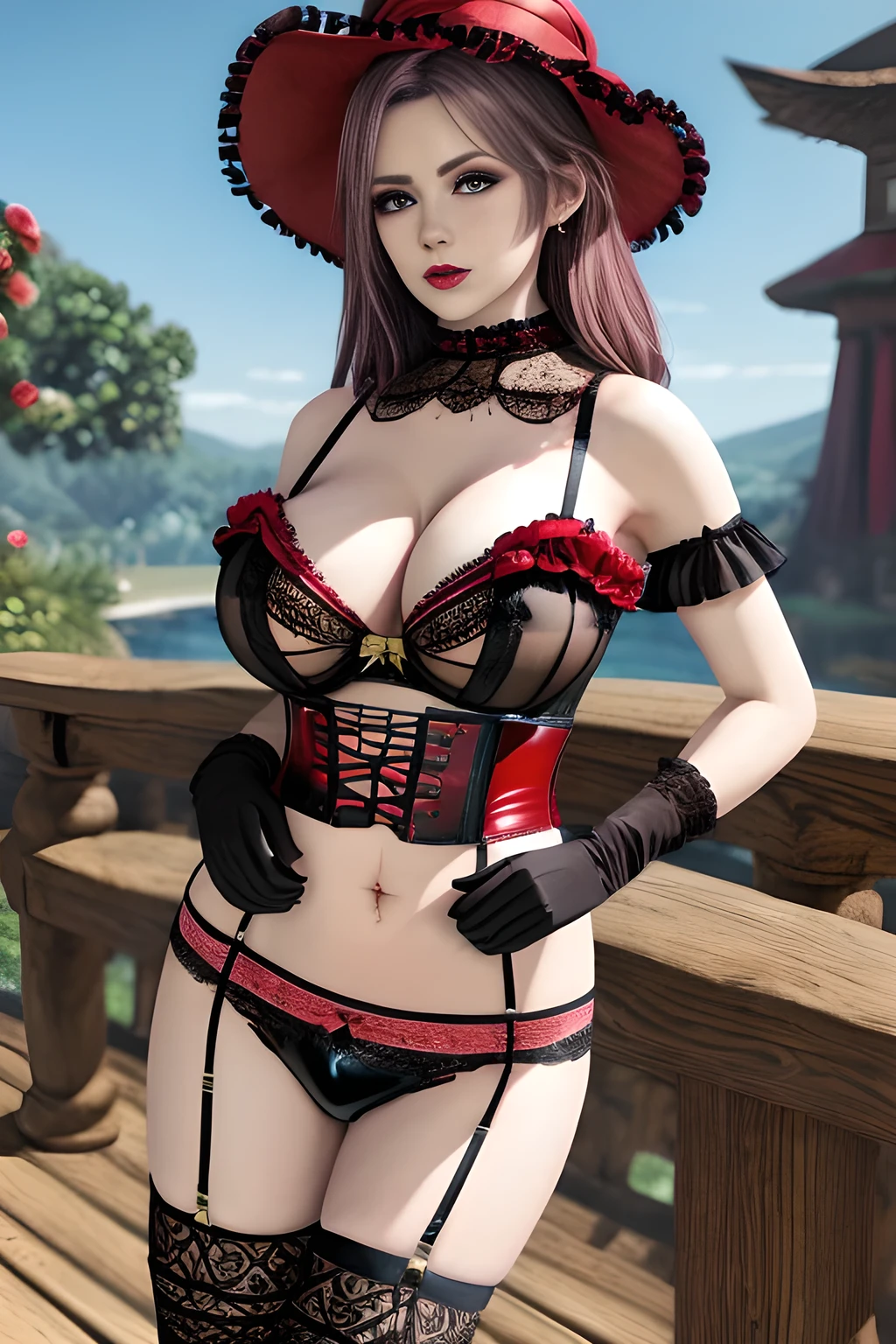 1 girl,BREAK (Royal:1.4), (red and black theme:1.5), ((red) bucket hat with rose corsage:1.4), (fusion of black high neck crop top and latex (red bustier):1.4), ((floral lace, see-through):1.3), ((sleeveless, bare shoulders):1.3), (red tiered skirt with black ruffles:1.4), ((ultra long gloves) with floral lace:1.3), (wrap a (cat garter) around thighs:1.4), outdoor,elegant,nighttime,moonlighe,shiny skin,( huge breasts), lip gloss,tattoos, masterpiece, best quality, realistic ,Surrealism,natural colors art in 8k,soft shadows,High-definition RAW color photos professional portrait photos,solo, elise,
