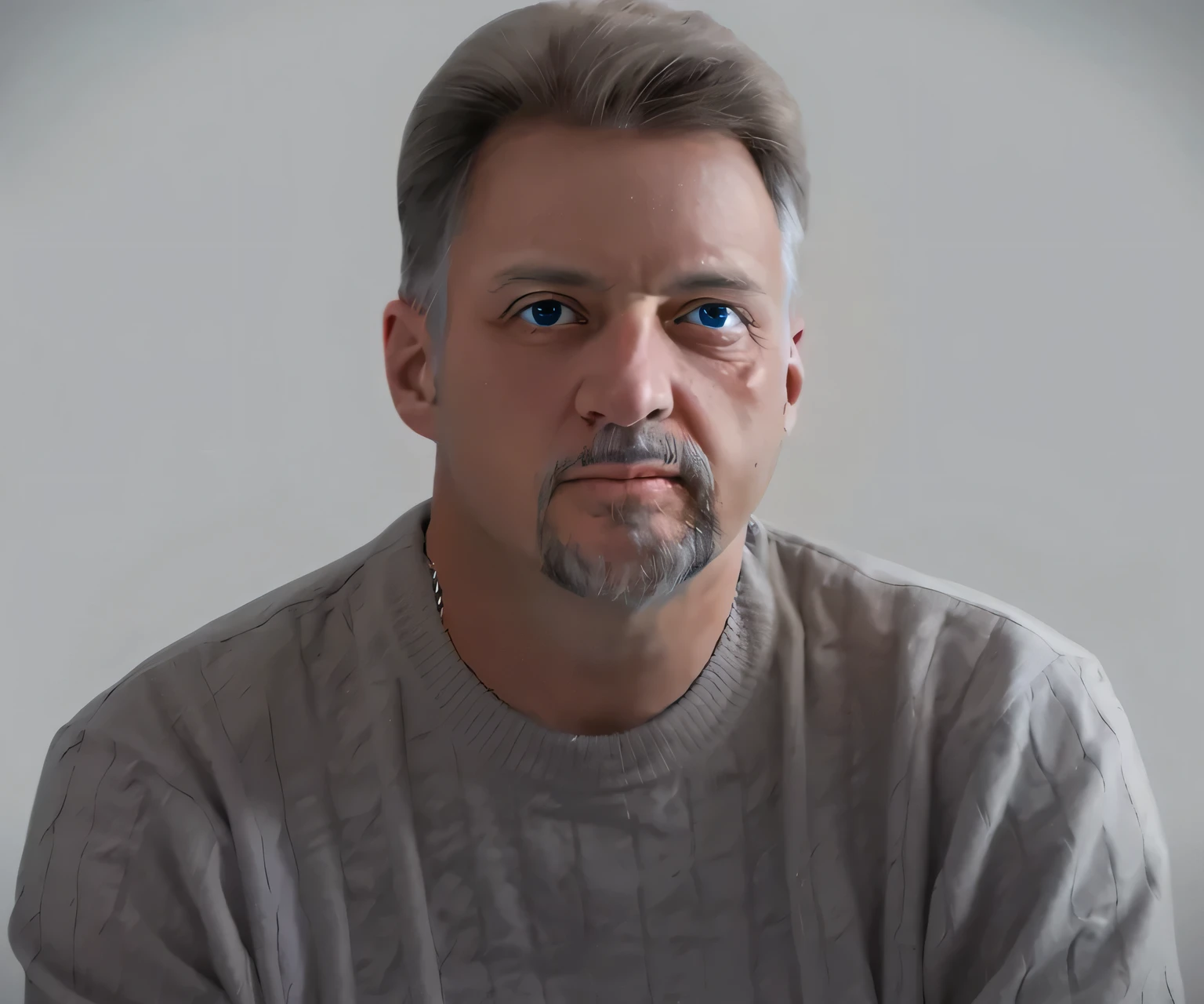 there is a man with a beard and a solid grey sweater on, realistic portrait photo, realistic studio portrait, blue eyes, greyish brown hair