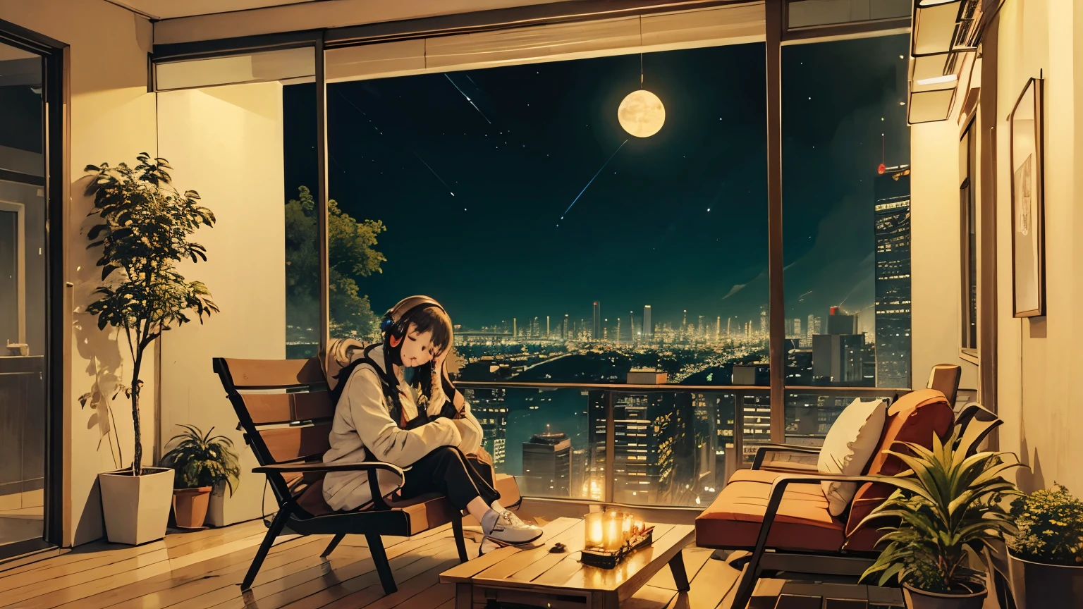 1 girl, 90s anime style, night, star, Balcony of an urban apartment、Girl sleeping in a chair with headphones on, late night , Listening to music alone, Sleeping while sitting、City Pop, high quality,  綺麗なnight景、Lo-Fi, Chill, late night,都会のnight景、A stylish balcony、Foliage plant、 futuristic night view outside the window, 