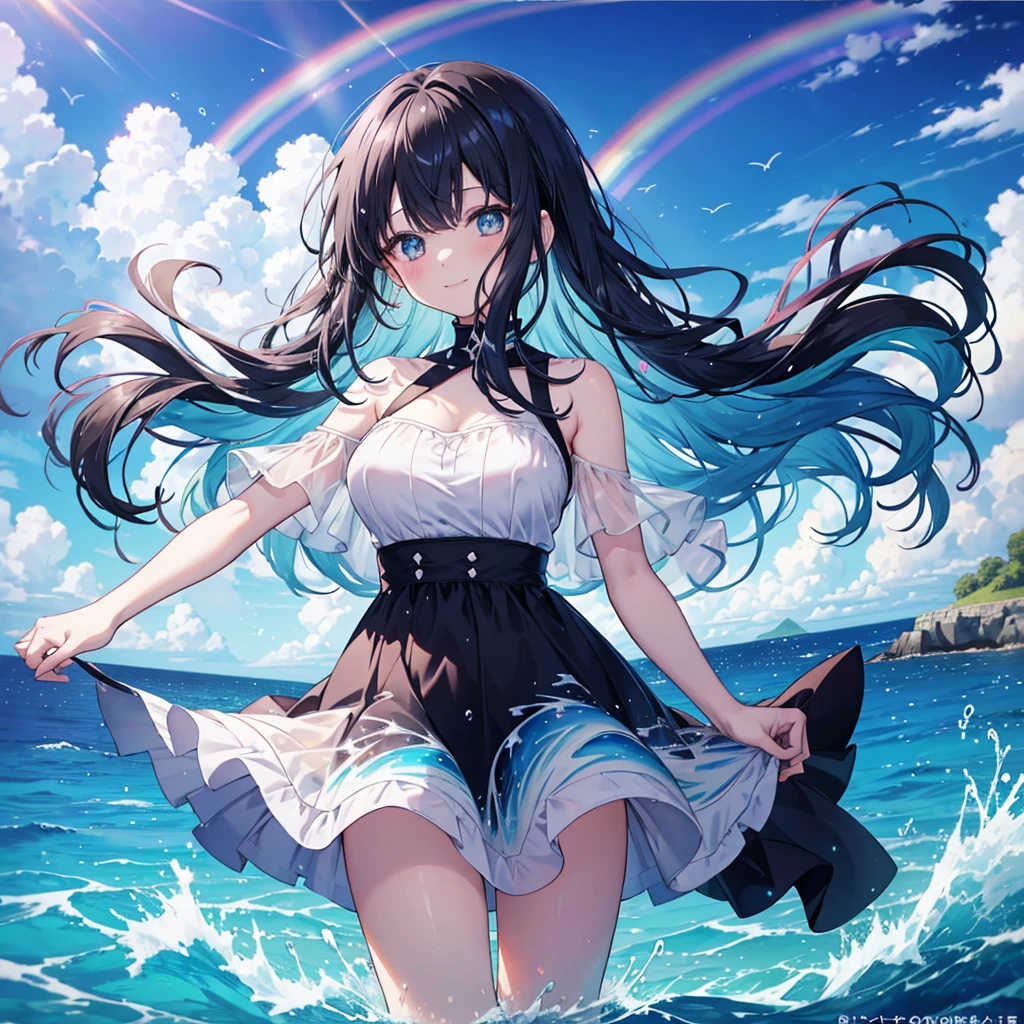 anime、Vibrant colors、Watercolor、Beauty、20 years old、Black Hair、Long Hair、Calm、Bright eyes、Sparkling eyes、smile、Large Breasts、blue sky、rainbow、Ocean、1000 water particles、rainbowを見つめている、dancing、Clear water flows like a waterfall、Bright dress