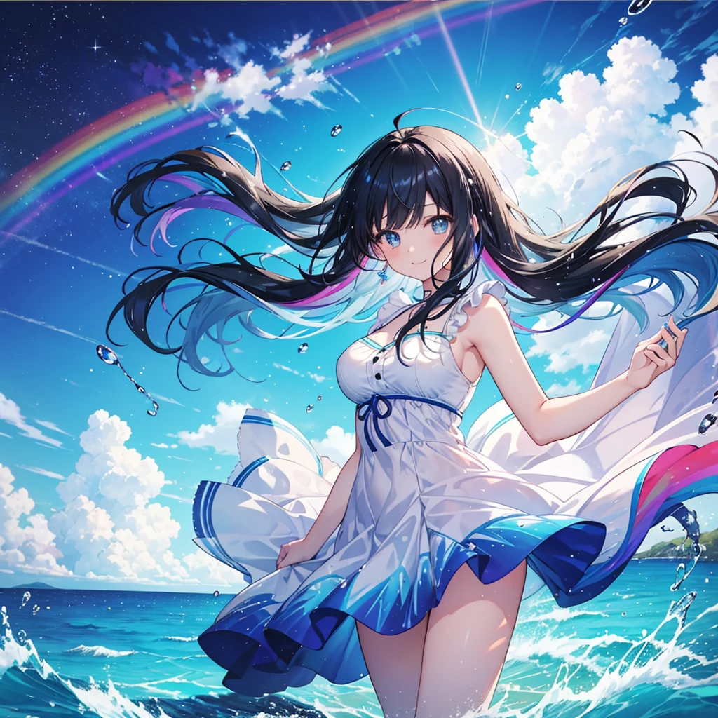 anime、Vibrant colors、Watercolor、Beauty、20 years old、Black Hair、Long Hair、Calm、Bright eyes、Sparkling eyes、smile、Large Breasts、blue sky、rainbow、Ocean、1000 water particles、rainbowを見つめている、dancing、Clear water flows like a waterfall、Bright dress