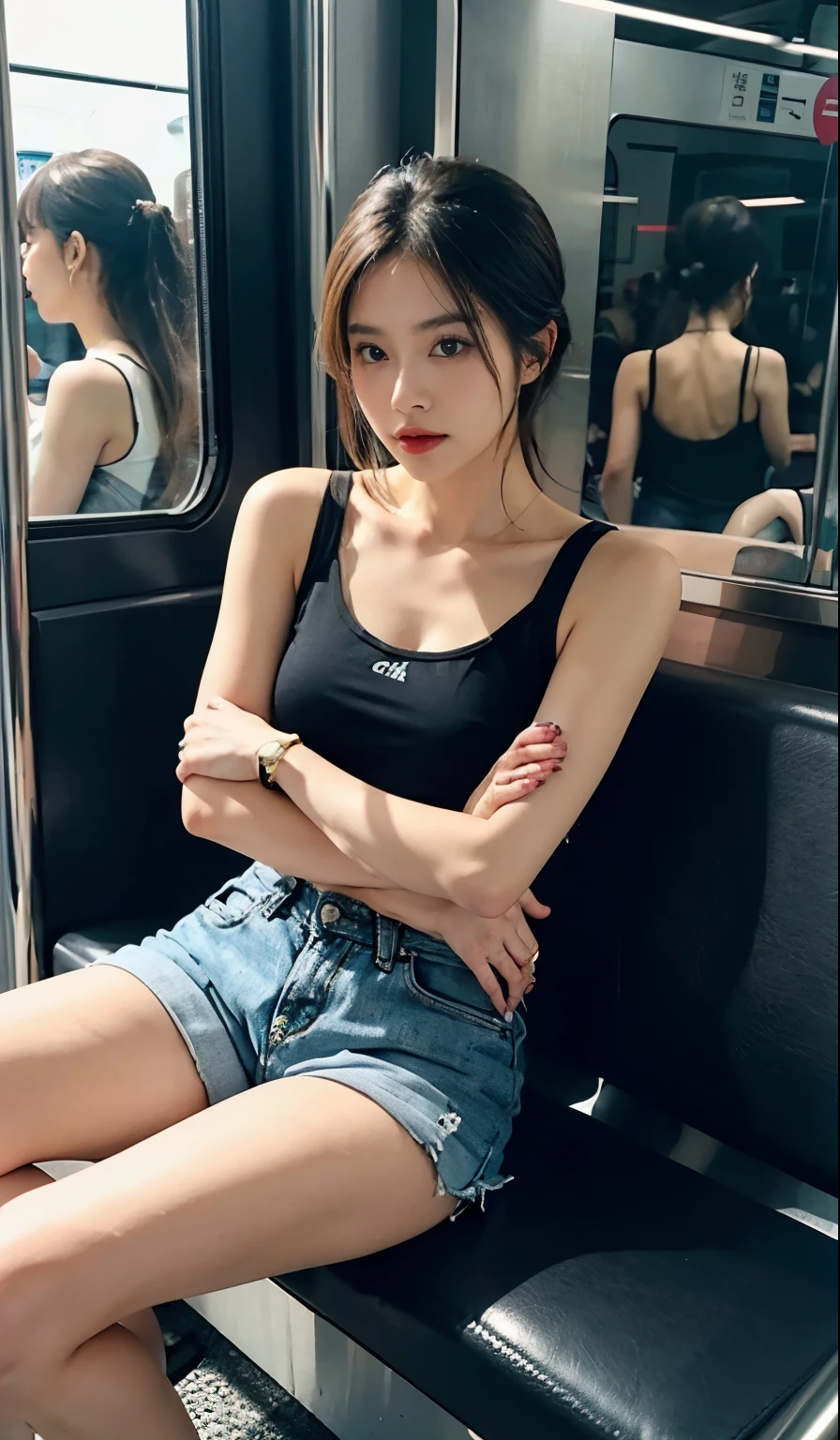 Beautiful woman,train,Sitting,legs closed,Thighs,Thighsを見下ろしている,fashion shorts,Super Short Hot Pants,