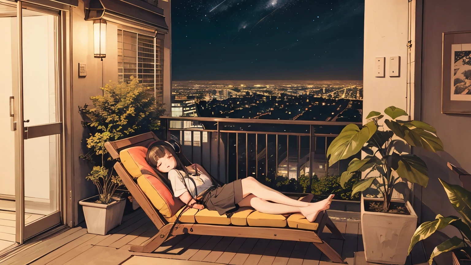 1 girl, 90s anime style, night, star, Balcony of an urban apartment、Girl sleeping in a chair with headphones on, late night , Listening to music alone, Sleeping while sitting、City Pop, high quality, 綺麗なnight景、Lo-Fi, Chill, late night,都会のnight景、A stylish balcony、Foliage plant、 futuristic night view outside the window,