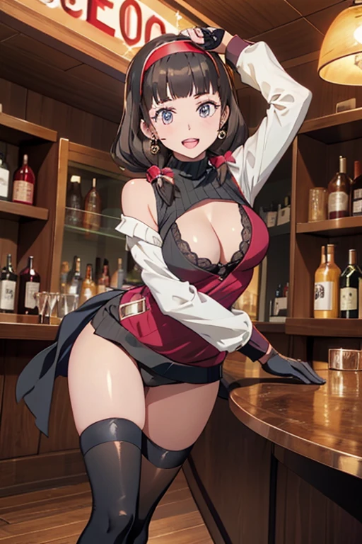 (from below1.1),(from front:0.9), ((Face)), (Close-Up:0.4), masterpiece,"A 22-year-old girl stands at a bar counter, black hair, hair ornament, red eyes, thighhighs, gloves, dress, holding, bare shoulders, jewelry, standing, weapon, flower, sidelocks, hairband, earrings, boots, black gloves, black thighhighs, hair flower, She is dressed in a stylish off-shoulder dress, sweater dress, off-shoulder sweater, red sweater,garter stocking, cleavage:1.1, black shorts, black thighhighs, thigh strap, pretty girl, (highly detailed beautiful face and eyes,firm breasts),real skin,((black,hair,long pony tail hair)),thin pubic hair,cute and lovely pose, detailed eyes, This masterpiece is only visually stunning but also tells,(double breasted:0.6,under bust:0.6),(with sparkling eyes and a contagious smile),open mouth, The bar is beautiful, with colorful bottles of alcohol in the background and a soft glow from neon lights. The atmosphere is relaxed, and the girl looks confident and fashionable.",full body, sexy pose,make a cocktail , in a bar counter, Looking at Viewer,
