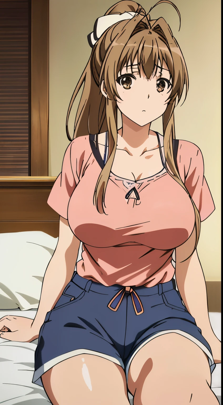 Kyoto Animation,highest quality, (masterpiece:1.2), very detailed, 1 girl, alone, Sento Isuzu,brown hair, long hair, antenna hair, ponytail, brown eyes, clavicle, shirt,shorts,bed,sitting, stylish pose,looking at the viewer,in the center of the image, (beautiful_big breasts:1.3), (beautiful_face:1.4),