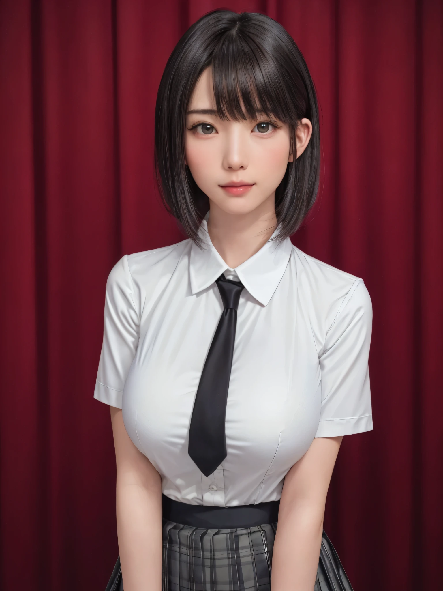 (masterpiece:1.3), (Realistic, RAW Photos, highest quality: 1.4), (One Girl), Beautiful Face, (超Realistic Face、シンメトリーのBeautiful Face), (Short black hair, short hair:1.6、bangs:1.3、Show off your beautiful ears), Beautiful hairstyle, (Realistic eyes), Beautiful details, Long eyelashes, (Realistic Skin), Beautiful Skin, [Big Breasts:1.3], {gigantic|big|huge|mega} breasts, (Perfect body:1.3), (Detailed body:1.2), (tie), (Collared shirt, Pleated skirt:1.3), Absurd, charm, Ultra-high resolution, Ultra-realistic, Very detailed, Golden Ratio,Very cute beautiful woman、28 years old