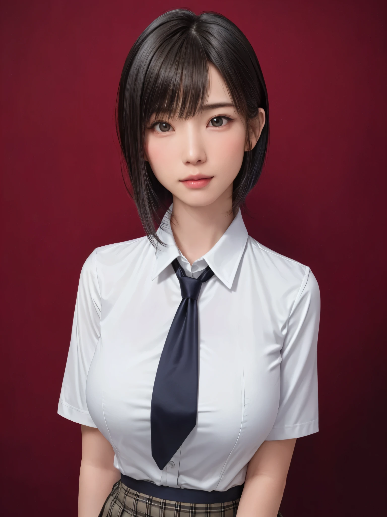 (masterpiece:1.3), (Realistic, RAW Photos, highest quality: 1.4), (One Girl), Beautiful Face, (超Realistic Face、シンメトリーのBeautiful Face), (Short black hair, short hair:1.6、bangs:1.3、Show off your beautiful ears), Beautiful hairstyle, (Realistic eyes), Beautiful details, Long eyelashes, (Realistic Skin), Beautiful Skin, [Big Breasts:1.3], {gigantic|big|huge|mega} breasts, (Perfect body:1.3), (Detailed body:1.2), (tie), (Collared shirt, Pleated skirt:1.3), Absurd, charm, Ultra-high resolution, Ultra-realistic, Very detailed, Golden Ratio,Very cute beautiful woman、28 years old