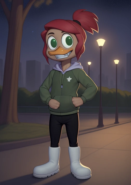 (by Drockdraw:1.2) (by chelodoy:1) (by ashraeli:1)  (masterpiece, high quality, full-length portrait) (detailed background, outside, park, city, night, stars:1.3) BREAK gosalyn waddlemeyer, solo:1.2, (light brown skin:1.35), green eyes, ducktales, eyeliner, zipper, number on clothing (flat chested:1.2) ( waving at viewer, hand on hip:1.2) (happy, wide eyed, fist, clenched teeth:1.1) (green clothing, hoodie, black pants, white boots:1.3) (red hair, ponytail:1.2) (young, short:1.4) duck, beak 