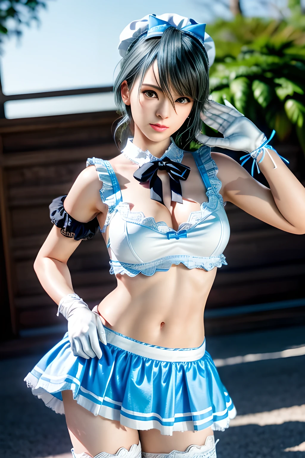 1girl, BREAK (white and black theme:1.4), (fusion of (sleeveless white high neck and collared [crop top]) and (black puff sleeves):1.4), (white tops and black short sleeves:1.2), (wearing a white half apron over a black skirt:1.4), (waist cincher:1.3), (white half apron), ((white maid head-band with ruffles on head, white brim on head):1.3), (white thigh high stockings:1.4), ((white arm warmers, white long glove):1.3), BREAK (light-blue theme:1.2), (light-blue lines on skirt:1.3), (light-blue ribbon bow:1.3),  , appealing cleavage,( beautiful tattoo:1.2), overhead view, beautiful detailed eyes, beautiful detailed lips, extremely detailed eyes and face, long eyelashes, feminine charm, detailed texture, snug fit, fashionable, soft fabric, radiant skin, (best quality,4k,8k,highres,masterpiece:1.2), ultra-detailed, (realistic,photorealistic,photo-realistic:1.37), tamaki