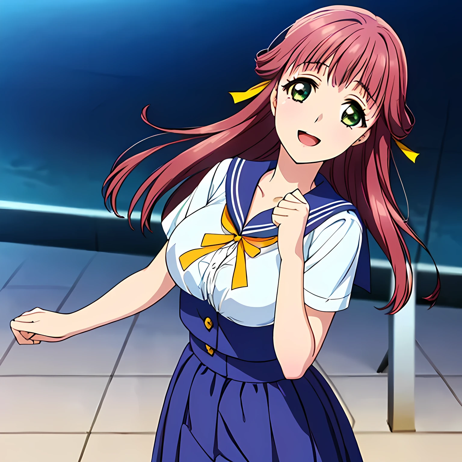 highest quality, (masterpiece:1.2), Very detailed, Game CG, ((((Very beautiful, like a young lady painted by Renoir1Close-up shot of a girl)))), ((The girl everyone loves)), (((Very beautiful pink hair))), ((((Yellow sailor suit)))), ((Sailor uniforms have blue lines)), ((Dark navy blue checked long skirt)), ((((Very beautiful and shining eyes)))), ((Very long eyelashes)), A big red ribbon on the chest, ((An elegant expression like a noble princess)), (((Beautiful and great smile))), Small face and great posture, ((Give the viewer a heavenly feeling of happiness)), (((Blur the background))), ((A very compassionate face)), ((Anime heroine smiling and open mouth)), ((Slender and shapely breasts))