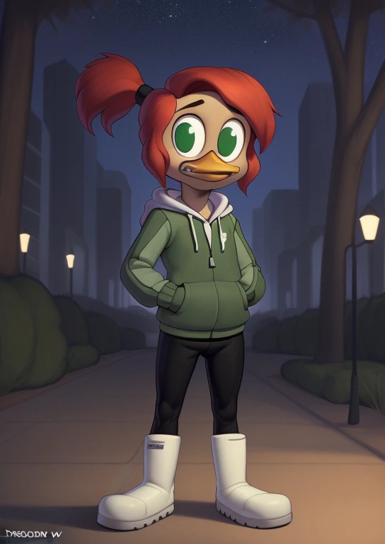 (by Drockdraw:1.2) (by chelodoy:1) (by ashraeli:1)  (masterpiece, high quality, full-length portrait) (detailed background, outside, park, city, night, stars:1.3) BREAK gosalyn waddlemeyer, solo:1.2, (light brown skin:1.35), green eyes, ducktales, eyeliner, zipper, number on clothing (flat chested:1.2) ( waving at viewer, hand on hip:1.2) (happy, wide eyed, fist, clenched teeth:1.1) (green clothing, hoodie, black pants, white boots:1.3) (red hair, ponytail:1.2) (young, short:1.4) duck, beak, sad, shy 