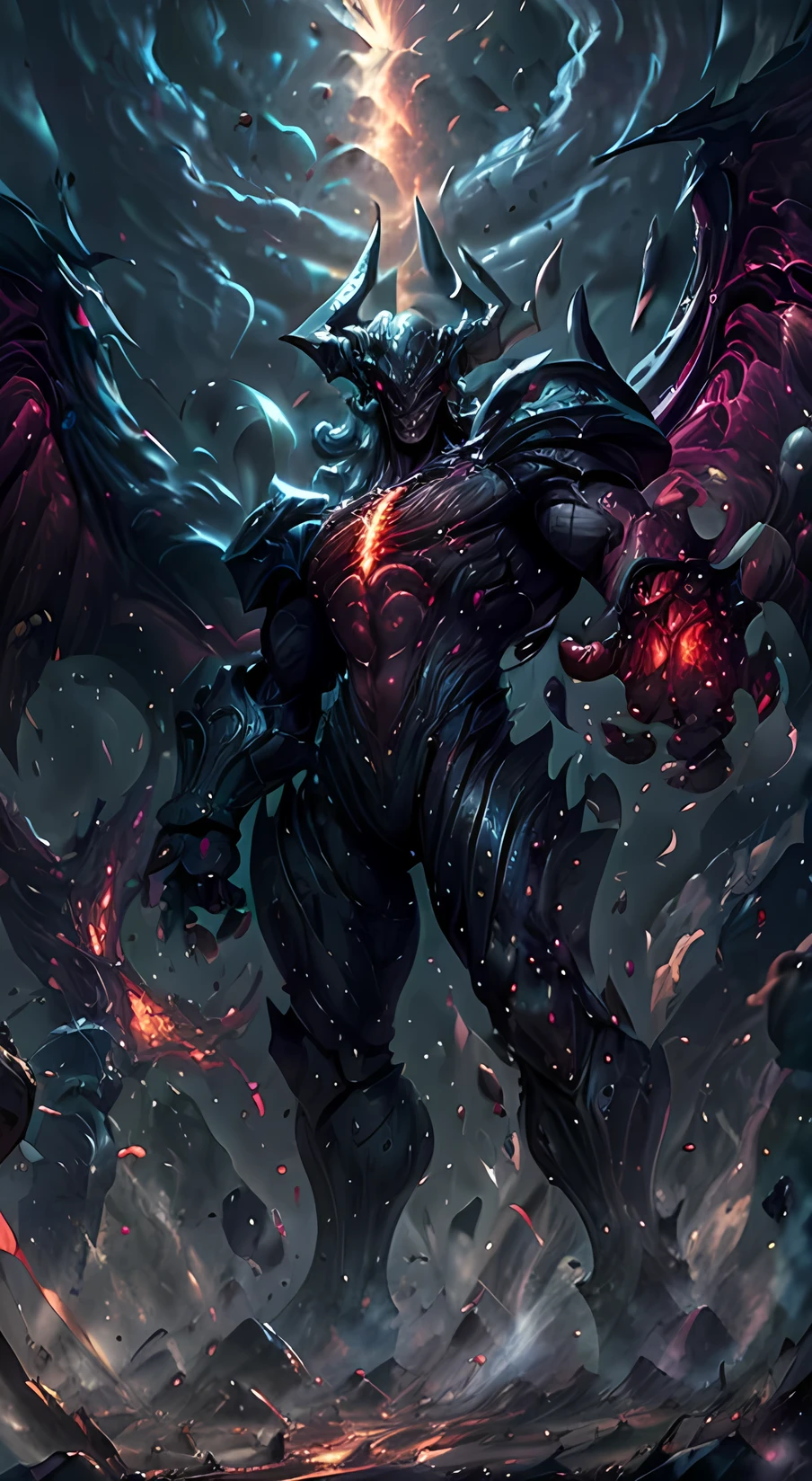 (best quality, high-res, photorealistic), Aatrox, demon wings, flaming, red aura, crackling energy, imposing figure, athletic physique, horned helmet, muscular appearance, dark atmosphere, fierce expression, intense battle, glowing eyes and tattoos, intricate armor, gigantic sword, menacing presence, epic battlefield, dynamic pose, dramatic lighting, mystical runes, surreal background, powerful presence, otherworldly warrior, ethereal glow, intimidating stance, billowing cape, divine strength, fiery battlefield, epic confrontation, mythical proportions, epic hero, unstoppable force, chaotic energy, legendary warrior, ancient warrior, wrathful deity, mythical creature, battle scars, intimidating presence, godlike power, intimidating aura, divine rage, swirling darkness, celestial being