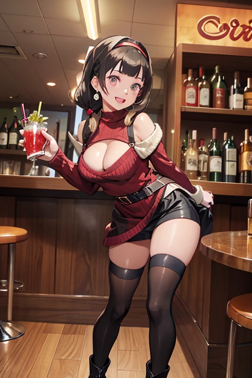 (from below1.1),(from front:0.9), ((Face)), (Close-Up:0.5), masterpiece,"A 22-year-old girl stands at a bar counter, black hair, hair ornament, red eyes, thighhighs, gloves, dress, holding, bare shoulders, jewelry, standing, weapon, flower, sidelocks, hairband, earrings, boots, black gloves, black thighhighs, hair flower, She is dressed in a stylish off-shoulder dress, sweater dress, off-shoulder sweater, red sweater,garter stocking, cleavage:1.1, black shorts, black thighhighs, thigh strap, pretty girl, (highly detailed beautiful face and eyes,firm breasts),real skin,((black,hair,long pony tail hair)),thin pubic hair,cute and lovely pose, detailed eyes, This masterpiece is only visually stunning but also tells,(double breasted:0.6,under bust:0.6),(with sparkling eyes and a contagious smile),open mouth, The bar is beautiful, with colorful bottles of alcohol in the background and a soft glow from neon lights. The atmosphere is relaxed, and the girl looks confident and fashionable.",full body, sexy pose,make a cocktail , in a bar counter, Looking at Viewer,
